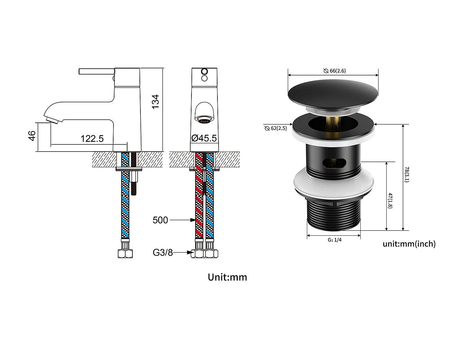 Robinet lavabo,Mitigeur Lavabo Mélangeur Salle Bain Eau Froide/Chaude+Bonde Lavabo Bonde Pop-up avec Trop-plein Automatique Universelle,Noir