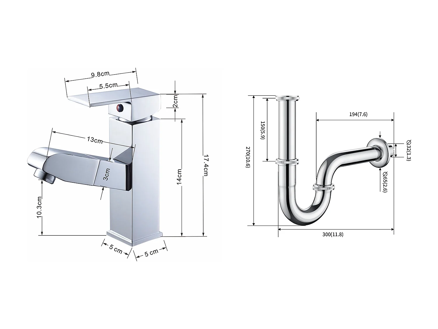 Grifo Lavabo con Ducha Extraíble, de Latón, Cromado, Agua Fríae/Cálido+Sifón Lavabo Forma U Tubo de Sifón en Inox Anti-olores,Ø32 mm,Cromado