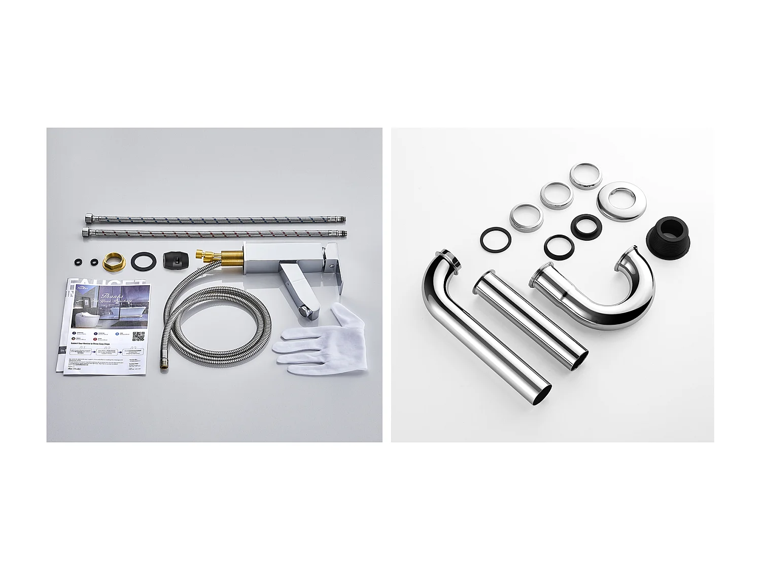 Grifo Lavabo con Ducha Extraíble, de Latón, Cromado, Agua Fríae/Cálido+Sifón Lavabo Forma U Tubo de Sifón en Inox Anti-olores,Ø32 mm,Cromado