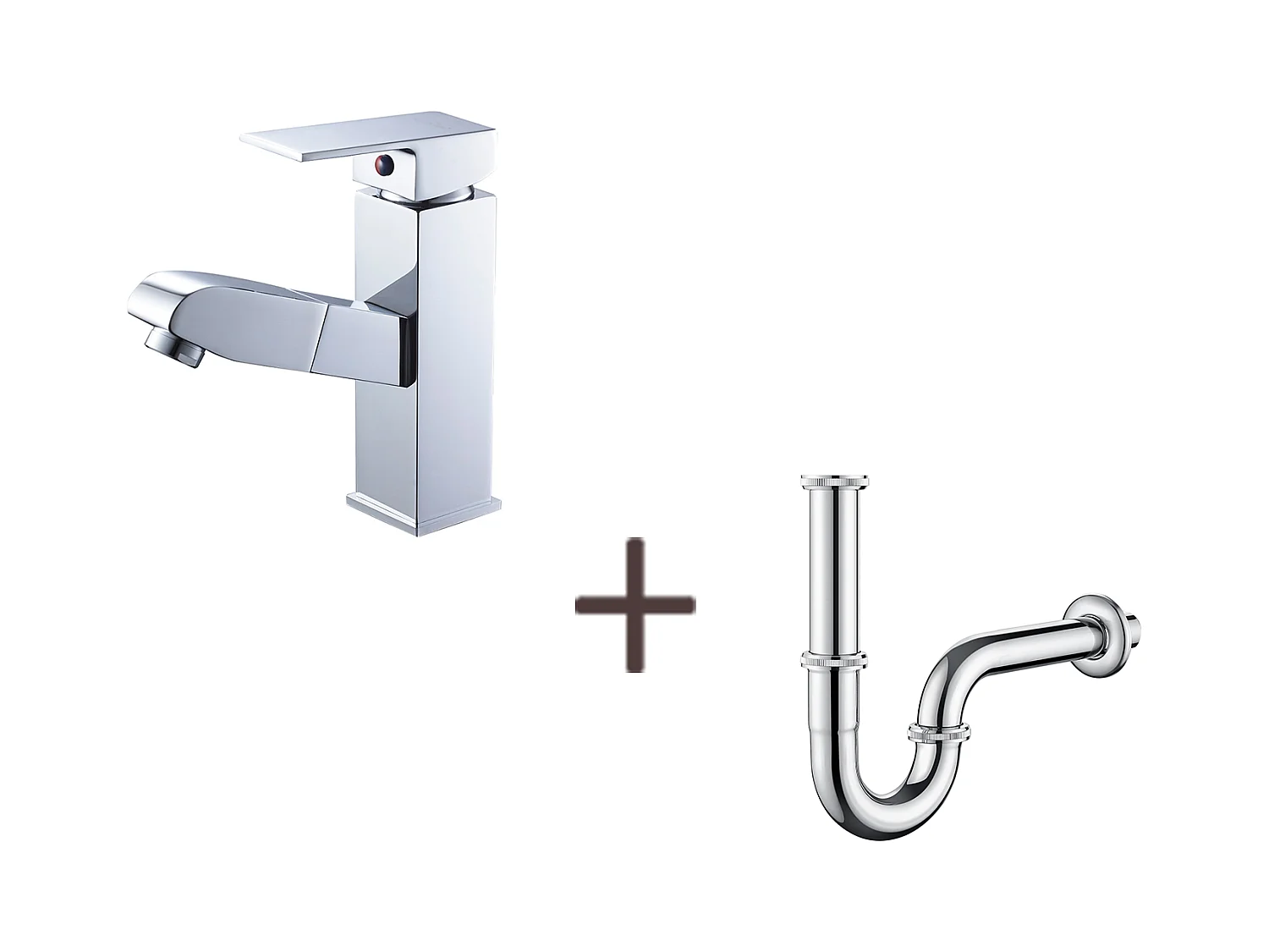 Robinet Lavabo avec Douchette Extractible,en Laiton,Chromé,Eau Froide/Chaude+Siphon Lavabo Forme U Tube de Siphon en Inox Anti-odeurs,Ø32 mm,Chromé