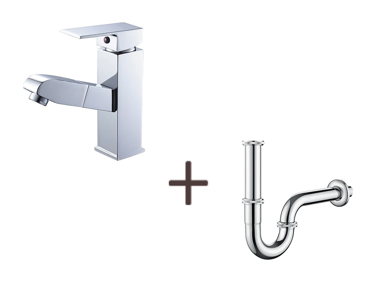 Wastafelkraan met uittrekbare handdouche, messing, verchroomd, koud/warm water + U-vorm wastafel sifon RVS sifonbuis anti-geur, Ø32 mm, verchroomd