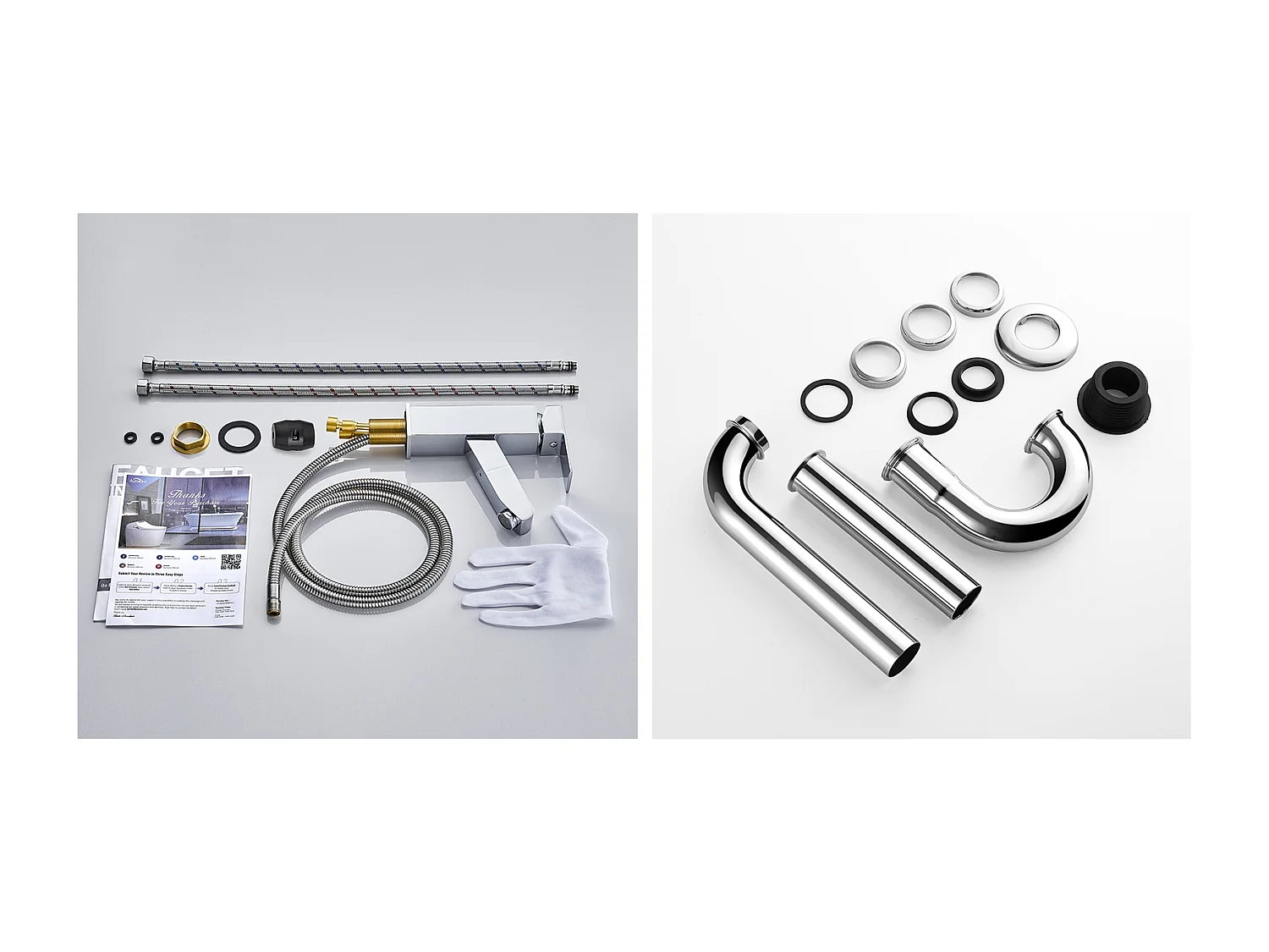 Robinet Lavabo avec Douchette Extractible,en Laiton,Chromé,Eau Froide/Chaude+Siphon Lavabo Forme U Tube de Siphon en Inox Anti-odeurs,Ø32 mm,Chromé