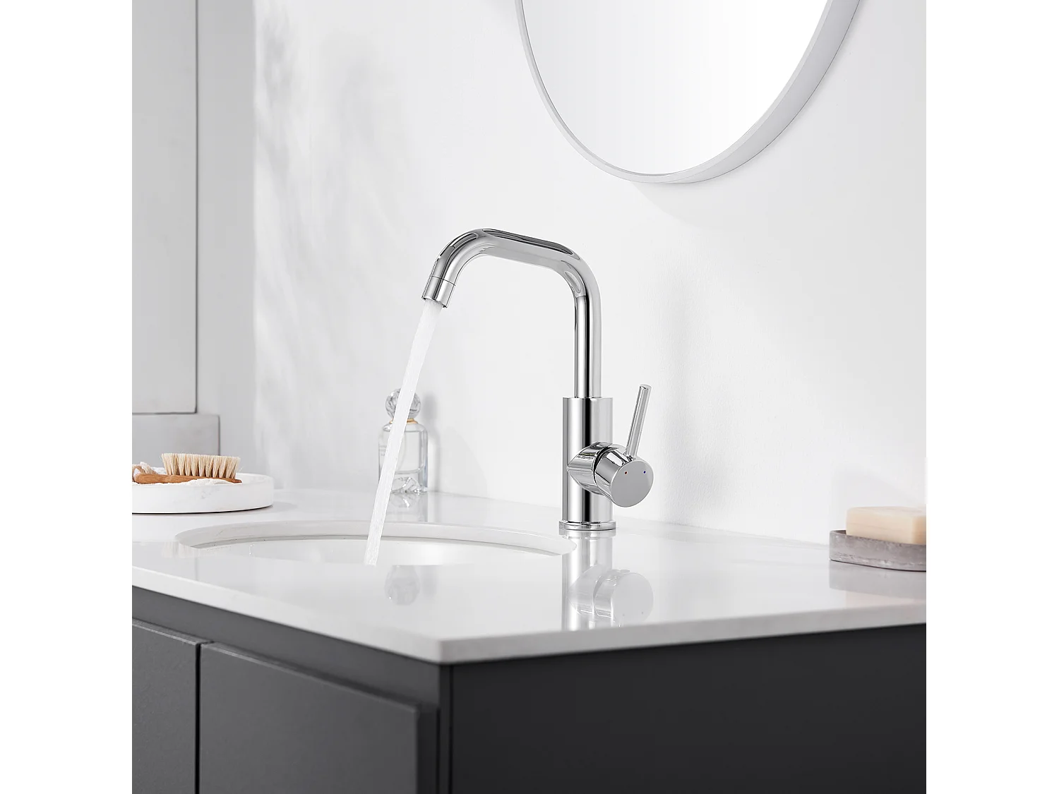 Mezclador lavabo,pivotante 360°, con aireador desmontable,cromado+conjunto accesorios baño 6 piezas, autoadhesivo/perforación,inoxidable,cepillado