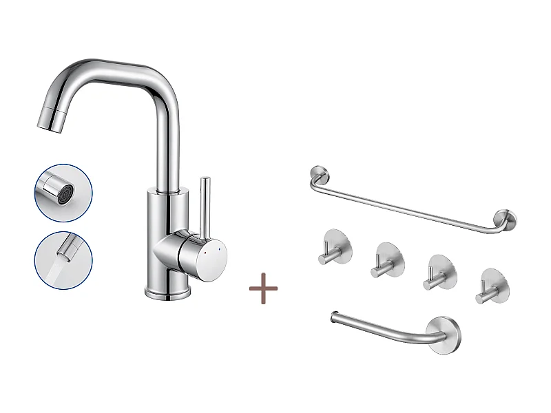 Mitigeur Lavabo,Robinet LavaboPivotant 360°,avec Aérateur Démotable,Chromé+Ensemble Salle Bain Accessoire 6 Pièces,Auto-adhésif/percer,Inox,Brossé