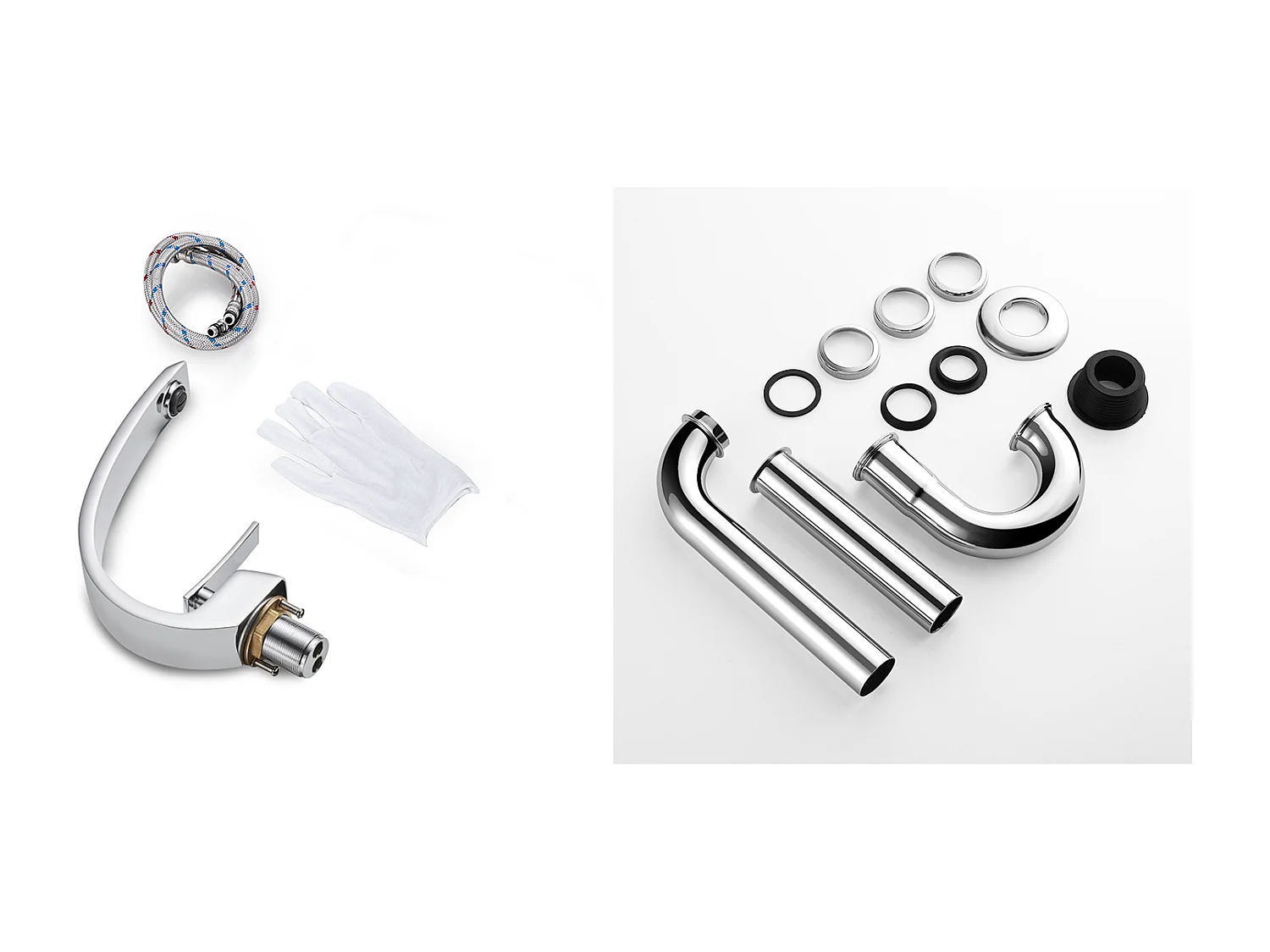 Arco Mezclador Lavabo de Latón Monoagujero con Espumador Desmontable+Sifón de Lavabo Forma U TuBe de Sifón de Acero Inoxidable,Ø32 mm,Cromado