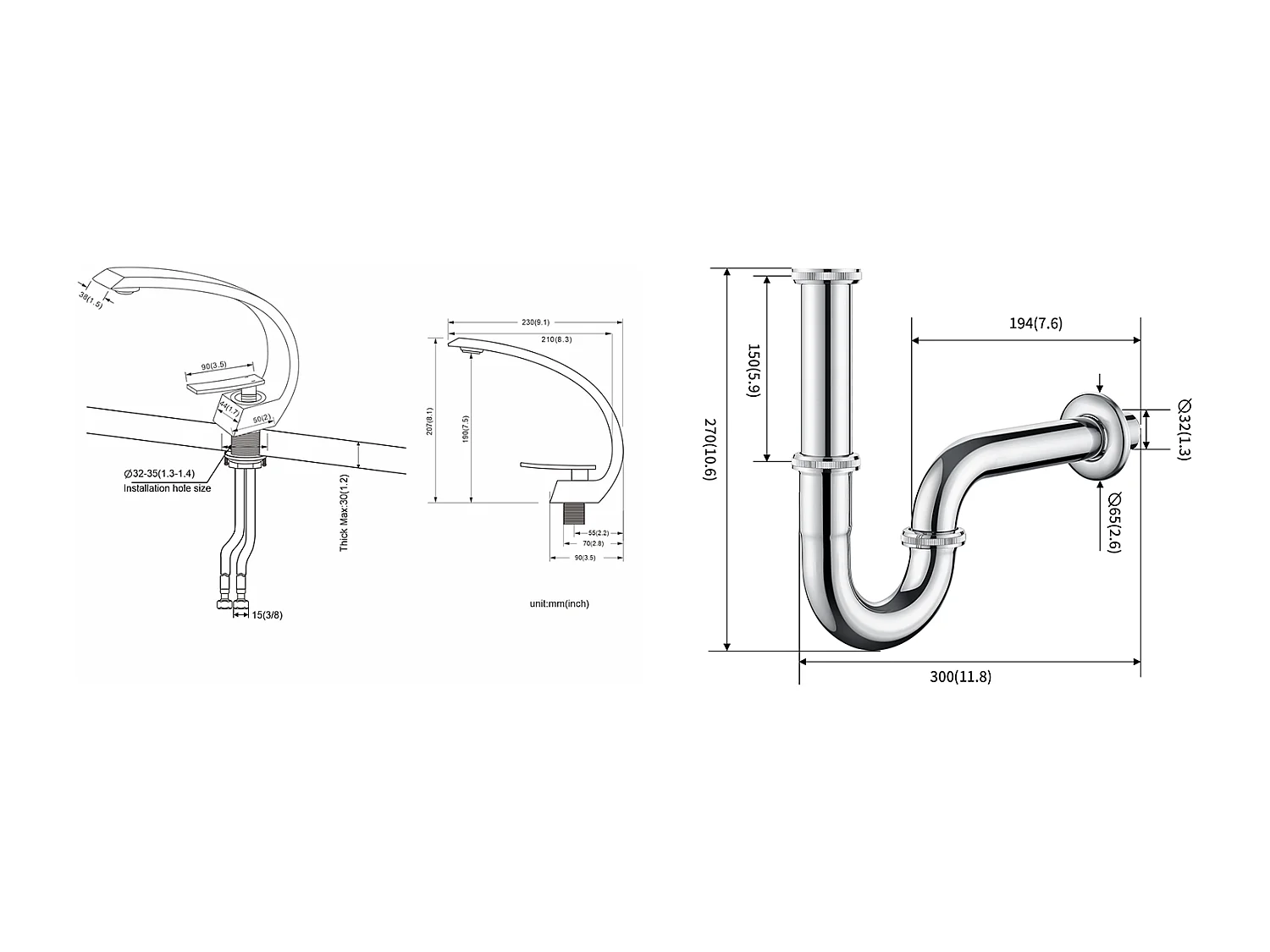 Messing Wastafelmengkraan met één gat met demonteerbare schuimspaan + SiphoN van Wastafel U-vorm Sifonbuis van roestvrij staal Anti-geur, Ø32 mm, Chroom