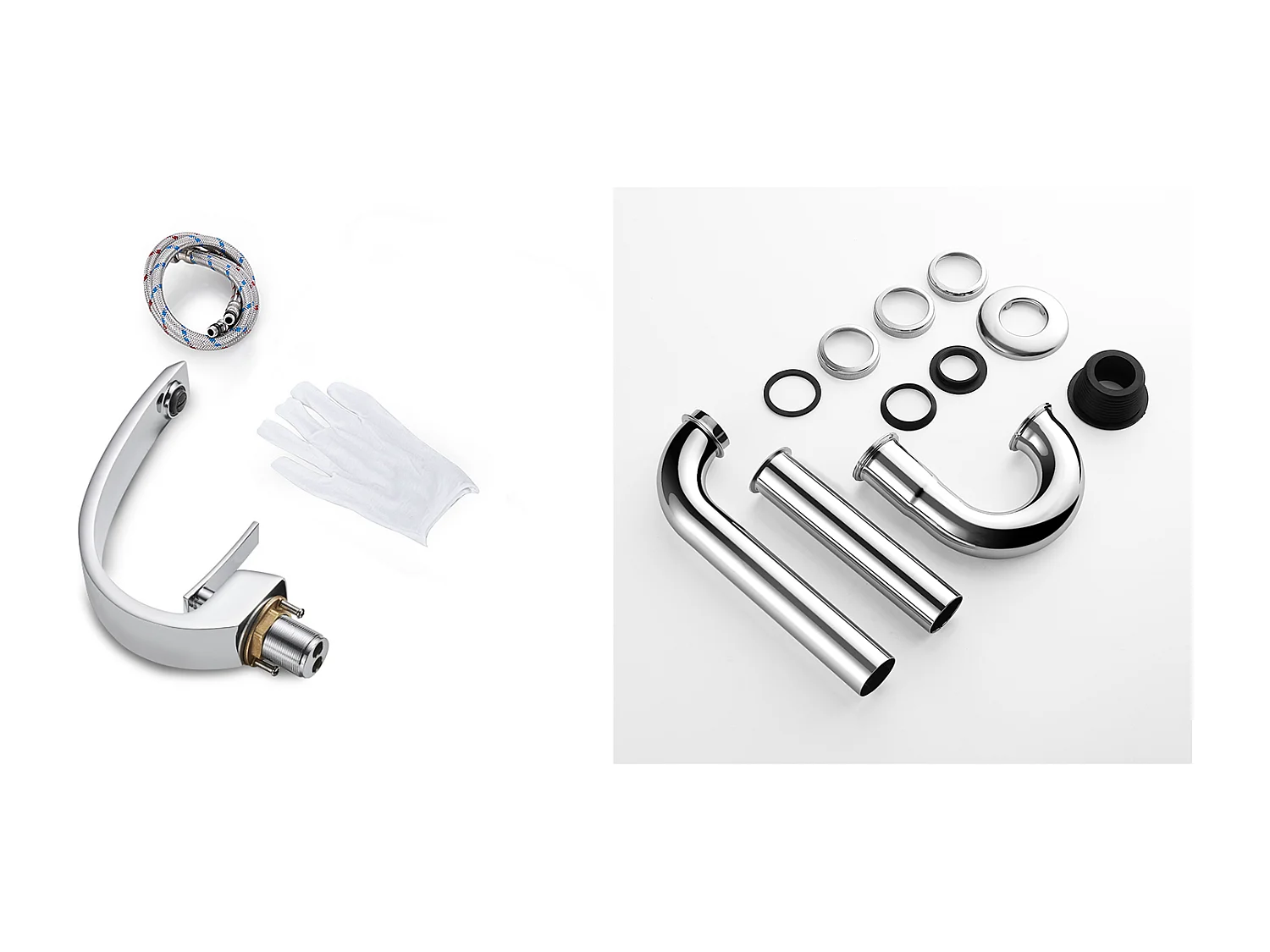 Arc Mitigeur Lavabo en Laiton Monotrou avec Mousseur Démontable+Siphon de Lavabo Forme U Tube de Siphon en Inox Anti-odeurs,Ø32 mm,Chromé