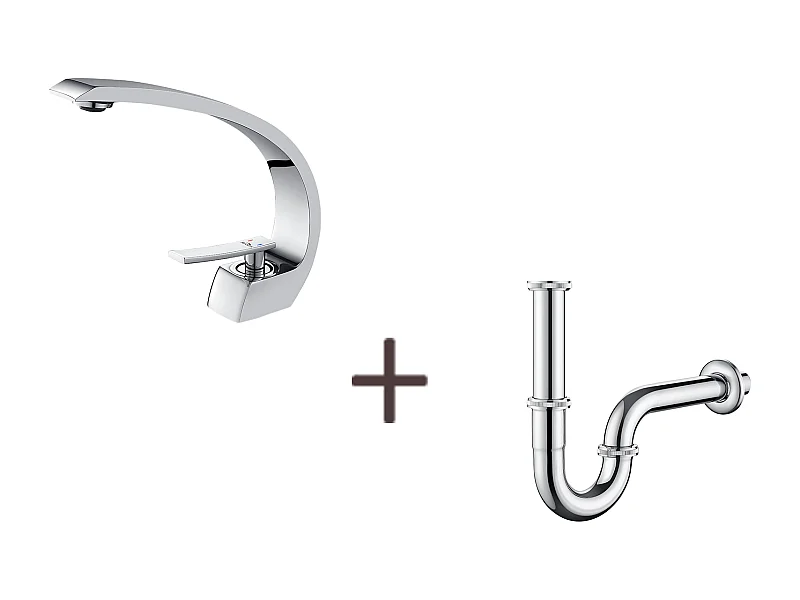 Arc Mitigeur Lavabo en Laiton Monotrou avec Mousseur Démontable+Siphon de Lavabo Forme U Tube de Siphon en Inox Anti-odeurs,Ø32 mm,Chromé