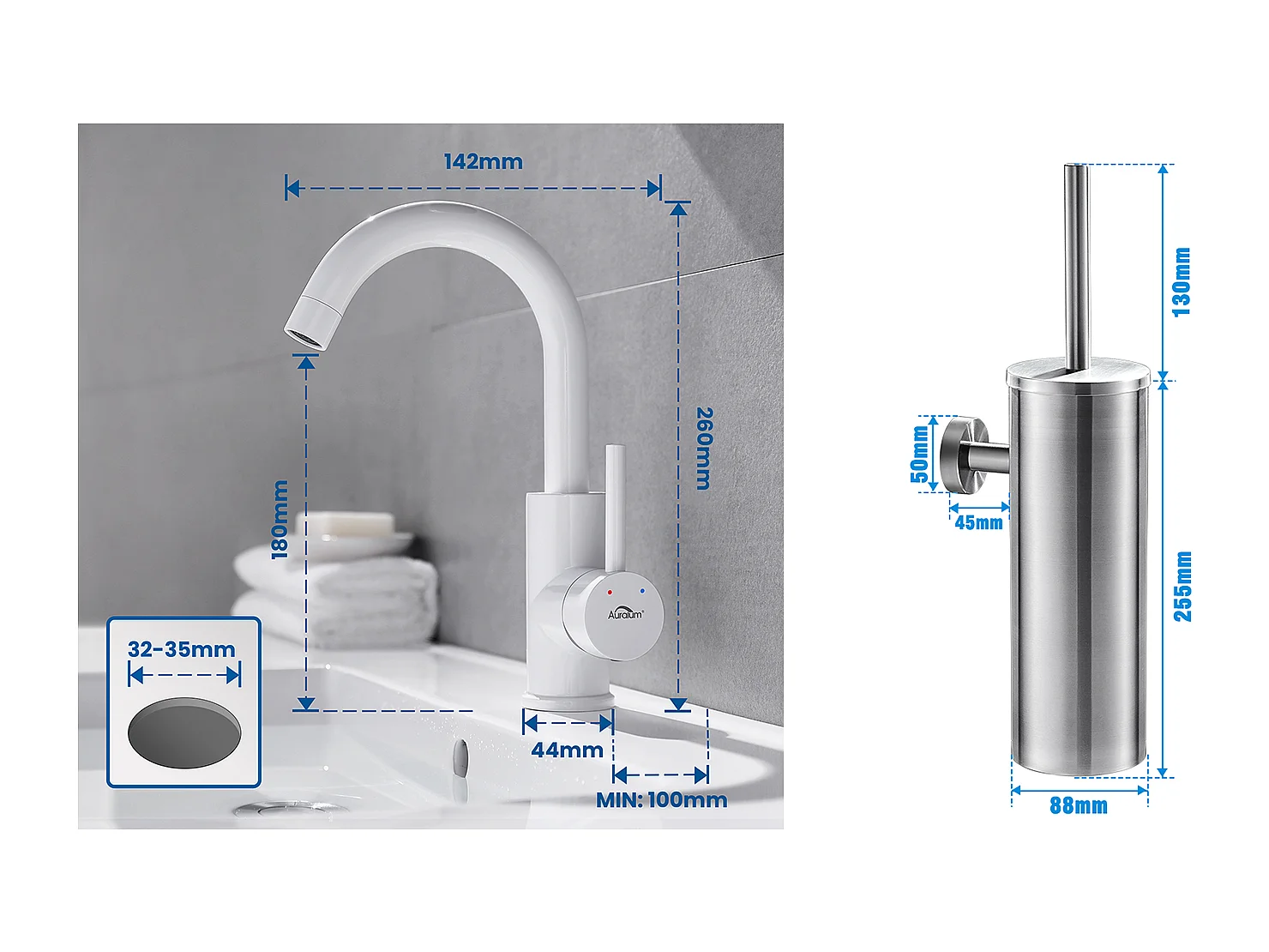 AURALUM MAX Robinet Lavabo Blanc Rotation 360°,Barboteur démontable,Eau froide/chaude+Porte Brosse Toilette Acier Inoxydable Brosse WC Mural