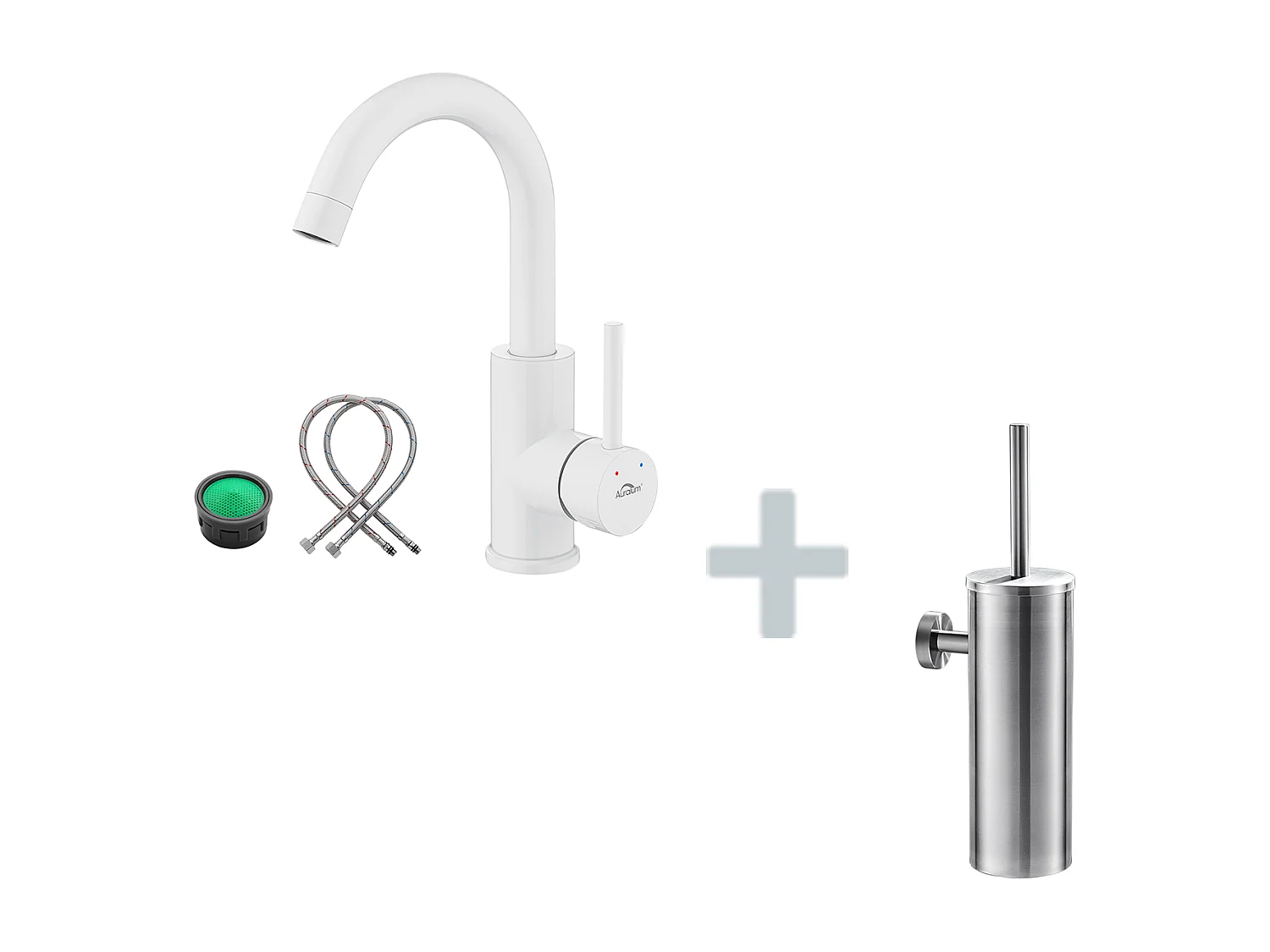 AURALUM MAX Robinet Lavabo Blanc Rotation 360°,Barboteur démontable,Eau froide/chaude+Porte Brosse Toilette Acier Inoxydable Brosse WC Mural