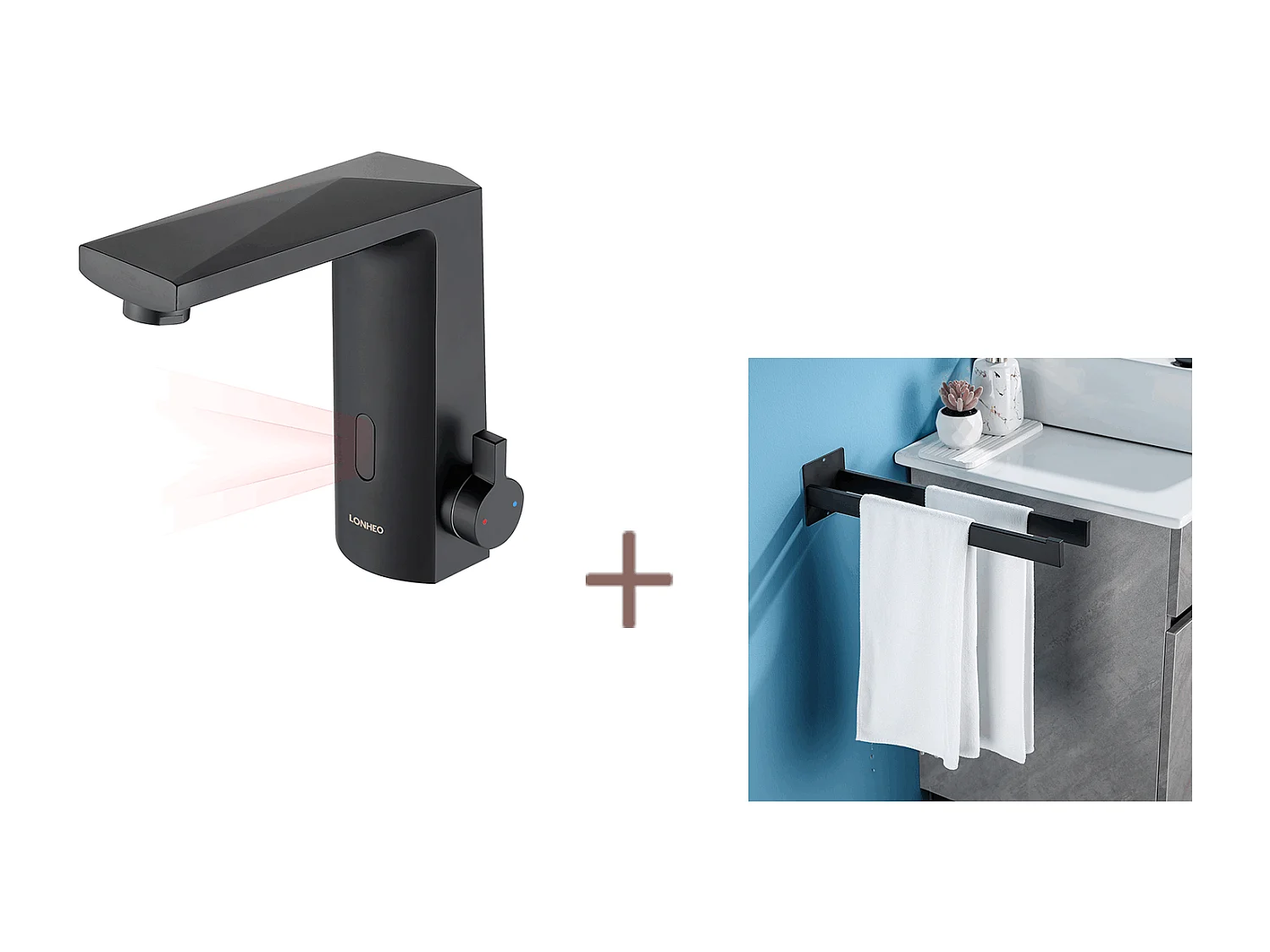 Automatische Intelligente Infrarood Sensor Wastafelmengkraan,Zwart,+Badkamer Handdoekhouder Zelfklevend/Doorboren,Handdoekstangen,RVS,Zwart