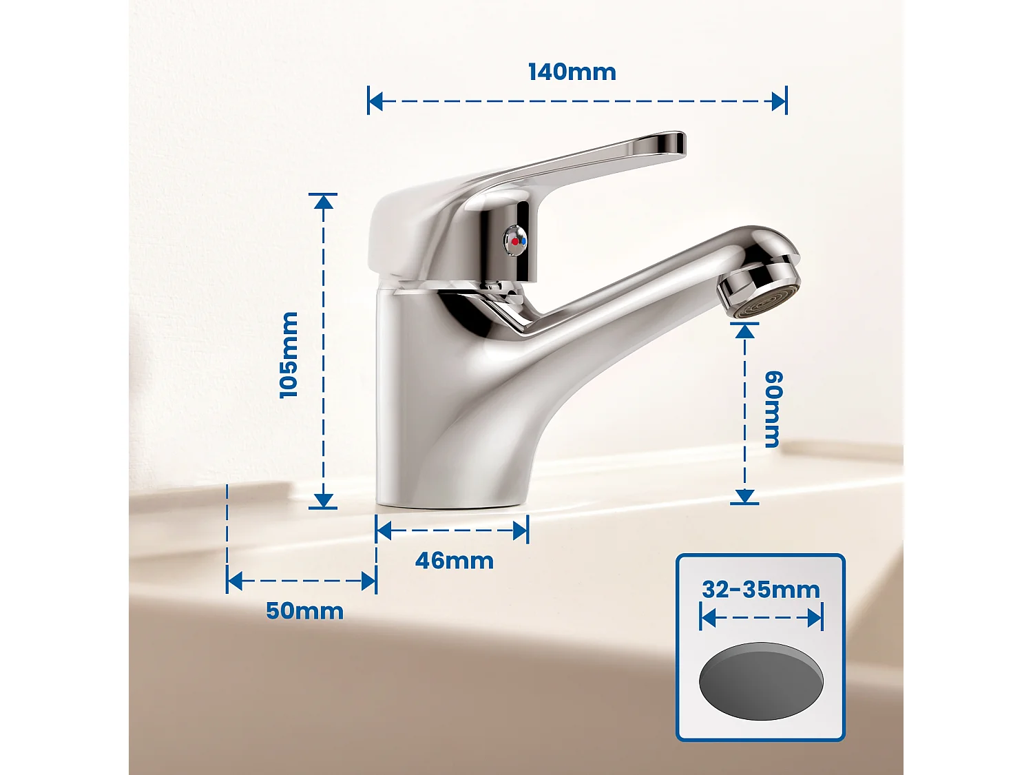 Auralum MAX Wastafelmengkraan met één gat zonder afvoergreep, verchroomde wastafelkranen + 60 cm handdoekhouder badkamer zelfklevend of boren in roestvrij staal
