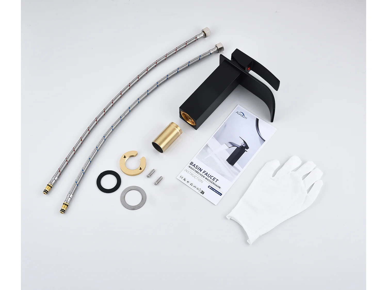 AuraLum Max Schwarzer Wasserfall-Waschtischhahn mit 273 mm hohem Wasserfall-Waschtischmischer, Wasserfall-Badezimmerhahn aus Edelstahl, EU-Modell