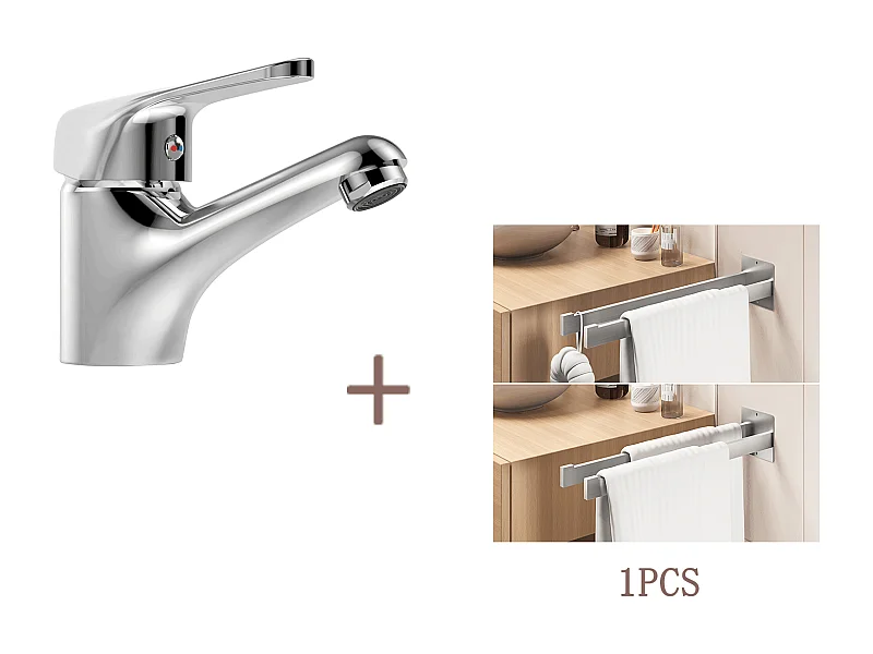 Auralum MAX Mitigeur Lavabo Monotrou sans Tirette de Vidage, Chromé Robinetterie Lavabo en Laiton+Porte Serviette Salle Bain Adhésif/Perçage,Brossé