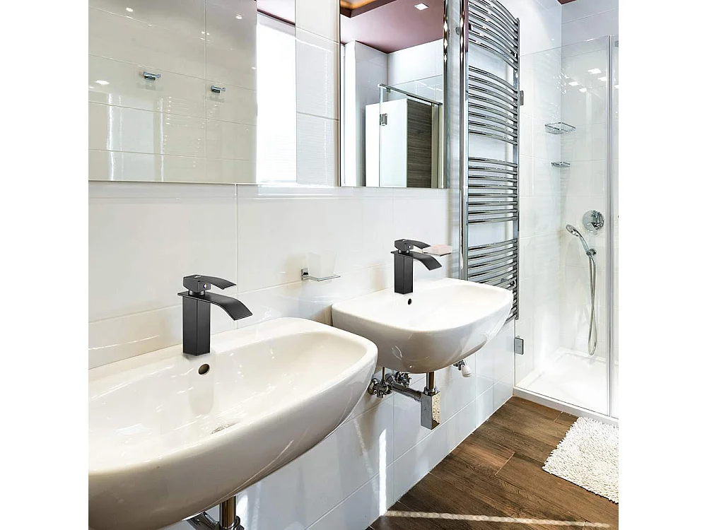 Moderne Robinet Lavabo Design Elégant, Mitigeur Lavabo Salle de Bain en Laiton, Robinetterie Cascade Noir G 3/8