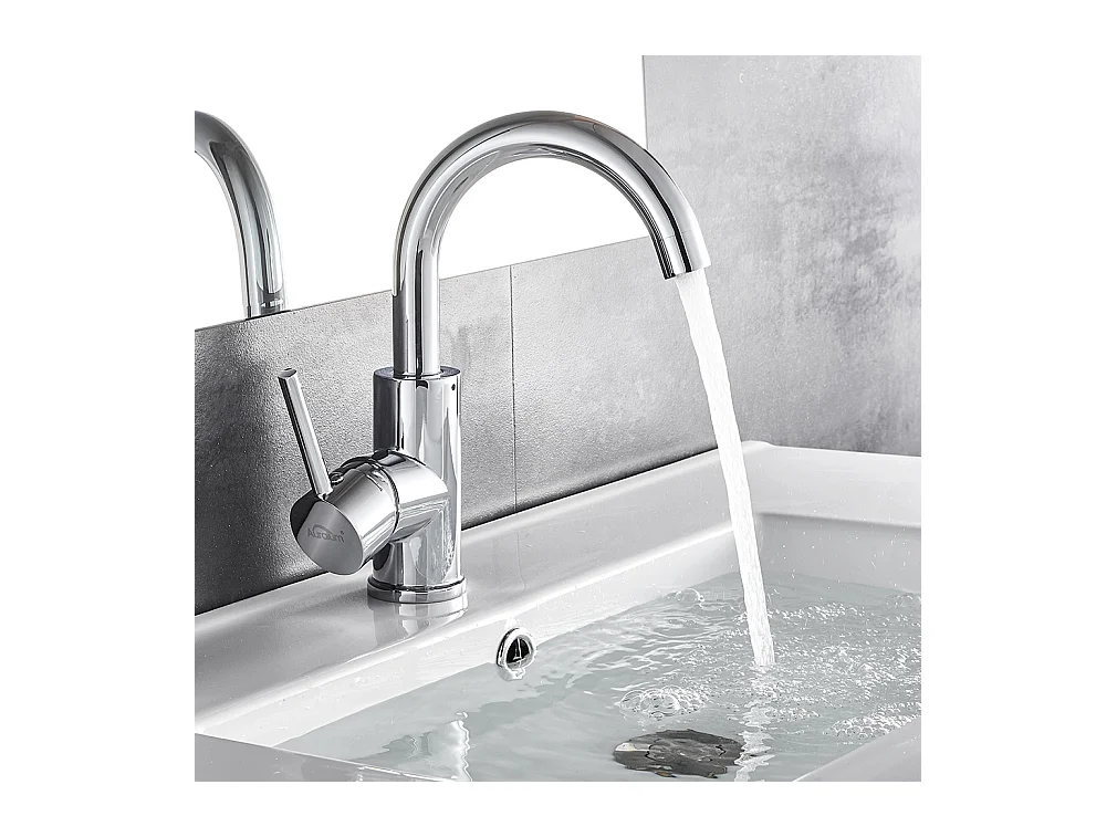 Robinet Lavabo Pivotant 360°,Robinetterie Design Courbé Classique pour Salle Bains,Mitigeur Vasque à Poser,Lave-main Chaude/Froide Chromé,EU Modèle