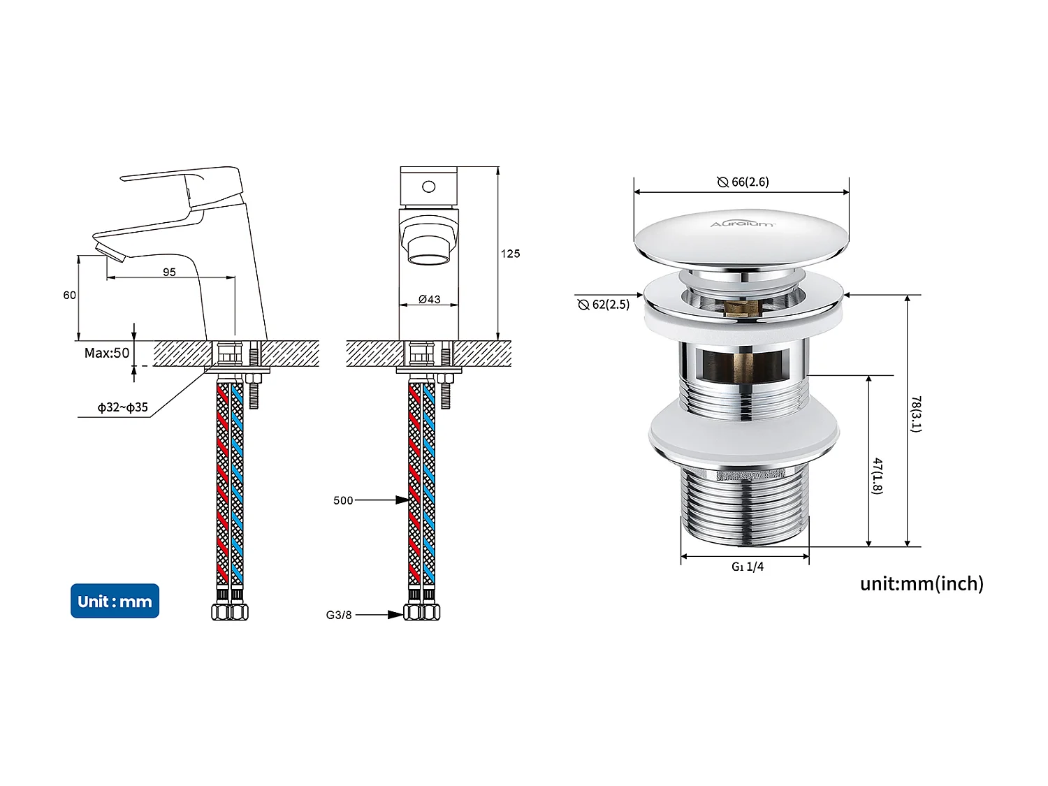 MetIgeur Eengats Wastafel Verchroomd met Aftapgat, Koud/Warm WATER + Wastafelkraan Pop-up met Automatische Overloop