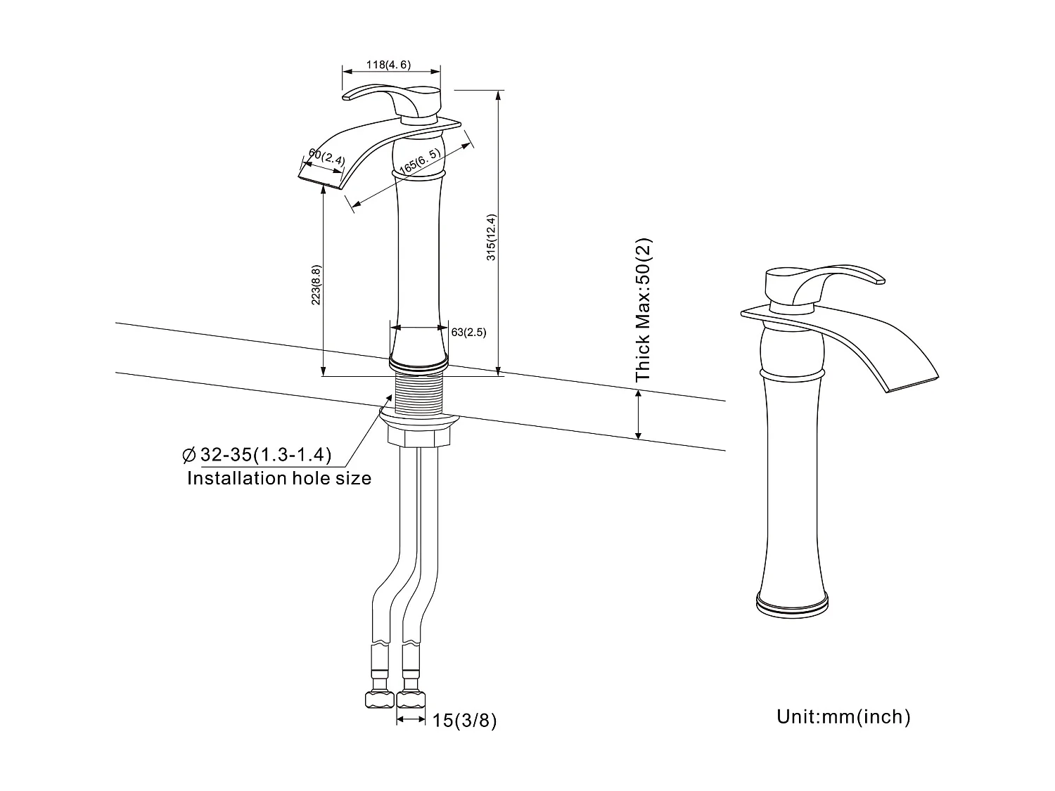AuraLum Max 2pcs Mitigeur Lavabo Cascade Robinet Monocommand  pour Lavabo et Vasque,Haute Bec pour Vasque à Poser -en Laiton,Chromé,EU Modèle