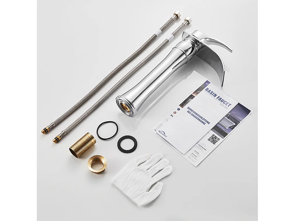 AuraLum Max 2pcs Mitigeur Lavabo Cascade Robinet Monocommand  pour Lavabo et Vasque,Haute Bec pour Vasque à Poser -en Laiton,Chromé,EU Modèle