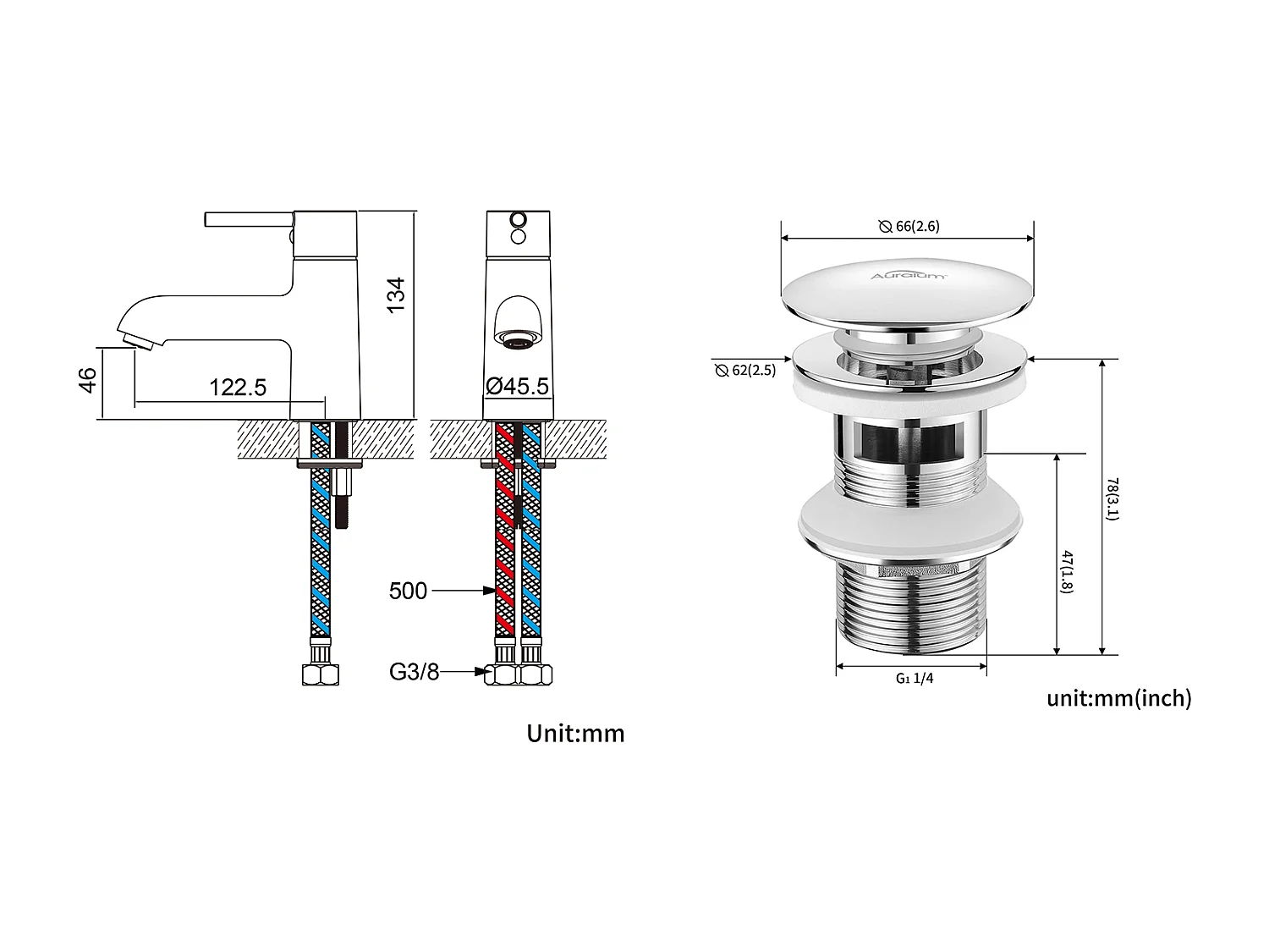 Waschtischarmatur, Bad-Waschbecken-Mischbatterie Kalt-/Warmwasser + Waschbeckenablauf Pop-up-Ablauf mit automatischem Überlauf Universal, Chrom