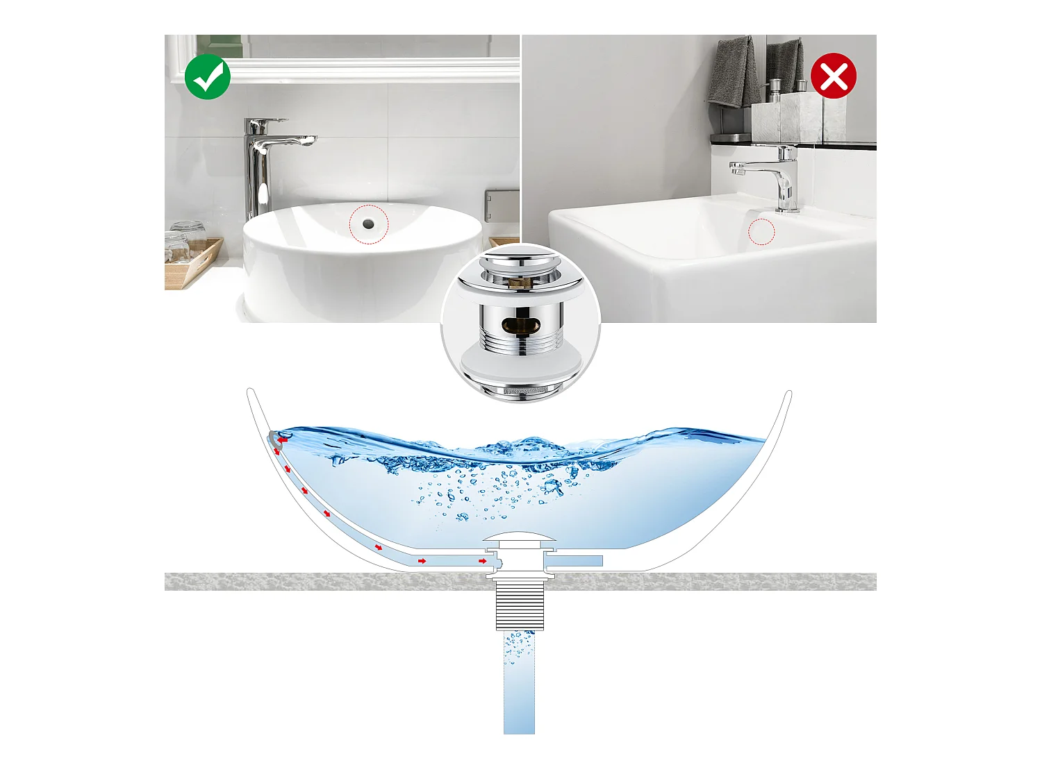 Robinet de lavabo,Mitigeur Lavabo Salle Bain Eau Froide/Chaude+Bonde de Lavabo Bonde Pop-up avec Trop-plein Automatique Universelle,Chromé