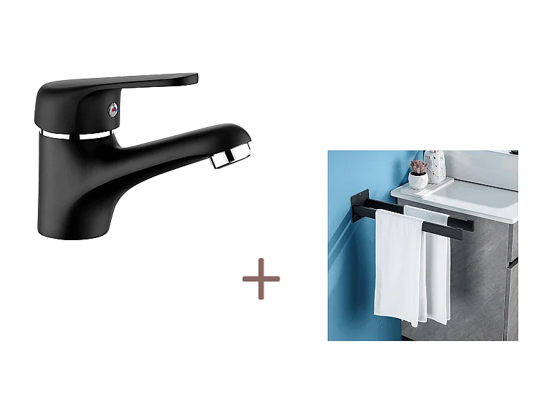Nero Rubinetto Miscelatore Lavabo con Bubbler rimovibile, in ottone+Porta asciugamani da bagno Adesivo/Foratura, Barre porta asciugamani, Inox,40 CM