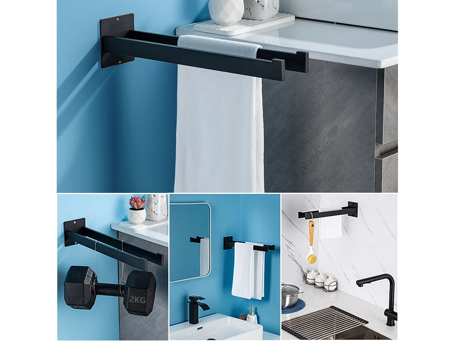 AuralumMax Zwart Wastafelmengkraan met afneembare Bubbler, messing + handdoekhouder badkamer Zelfklevend/boren, handdoekstangen, roestvrij staal, 40 CM