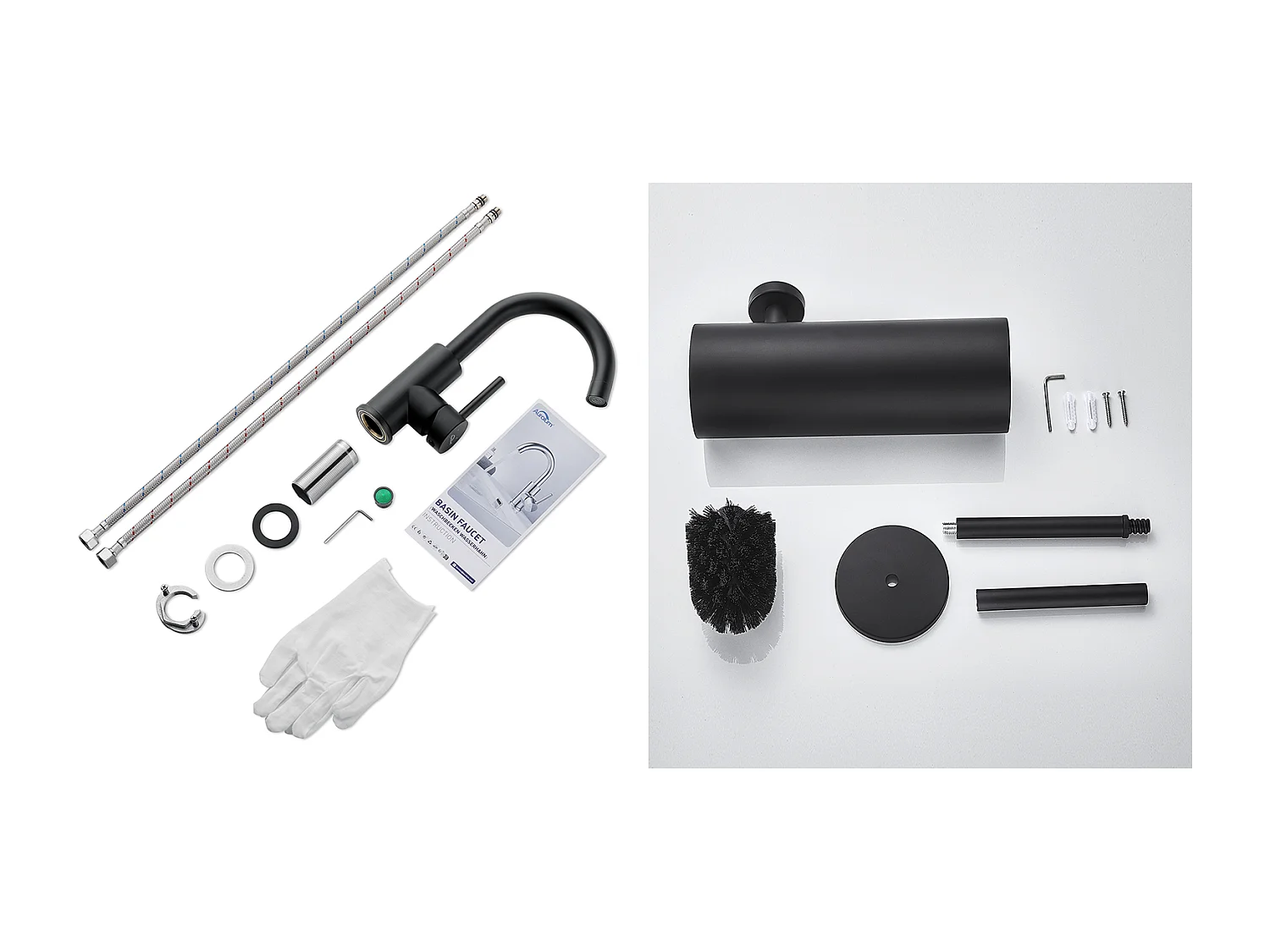 Mischbatterie für Spülbecken, 360° drehbarer schwarzer Badhahn, abnehmbarer Luftsprudler + wandmontierte Toilettenbürste mit Bürstenhalter, Edelstahl, schwarz