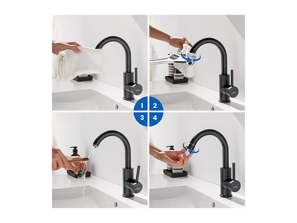 Wastafelmengkraan, Badkamerkraan Zwart 360° Draaibaar, Demonteerbare Beluchter + Toiletborstel Hangende WC met Borstelhouder, RVS, Zwart