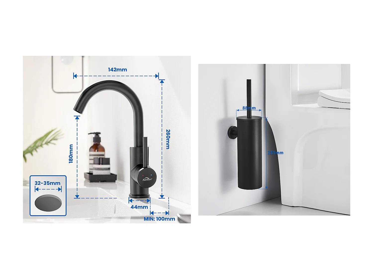 Wastafelmengkraan, Badkamerkraan Zwart 360° Draaibaar, Demonteerbare Beluchter + Toiletborstel Hangende WC met Borstelhouder, RVS, Zwart