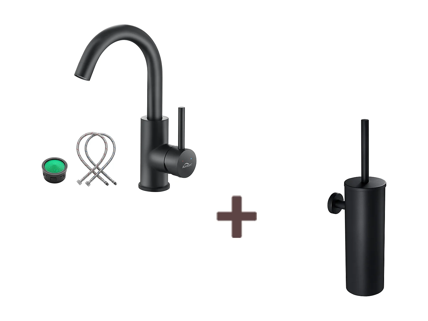 Mitigeur Lavabo,Robinet Salle Bain Noir Rotatif 360°,Aérateur Démotable+Brosse Toilettes WC Suspendu avec Support de Brosse, Acier INOX,Noi