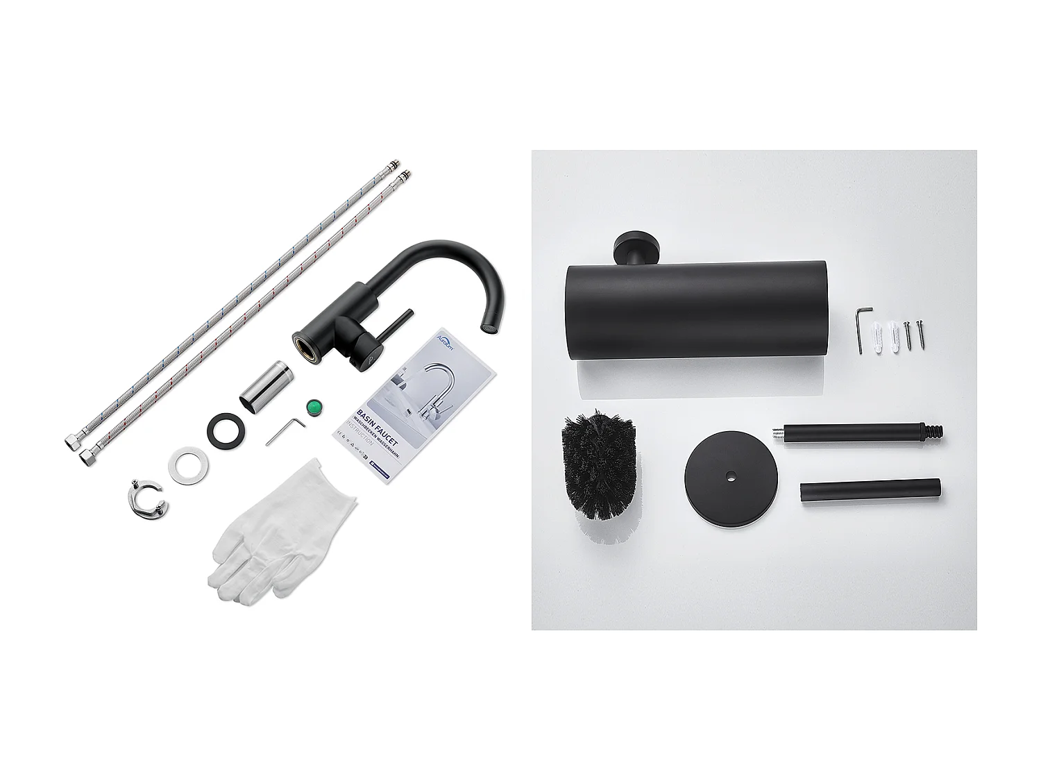 Mitigeur Lavabo,Robinet Salle Bain Noir Rotatif 360°,Aérateur Démotable+Brosse Toilettes WC Suspendu avec Support de Brosse, Acier INOX,Noi