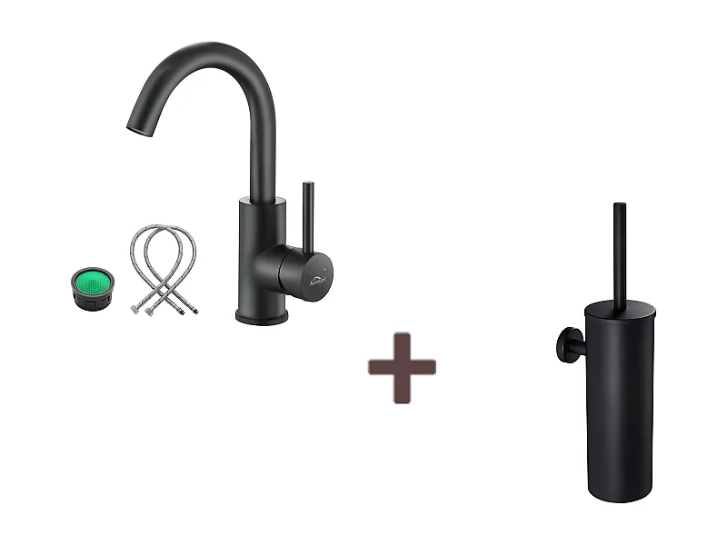 Mitigeur Lavabo,Robinet Salle Bain Noir Rotatif 360°,Aérateur Démotable+Brosse Toilettes WC Suspendu avec Support de Brosse, Acier INOX,Noi