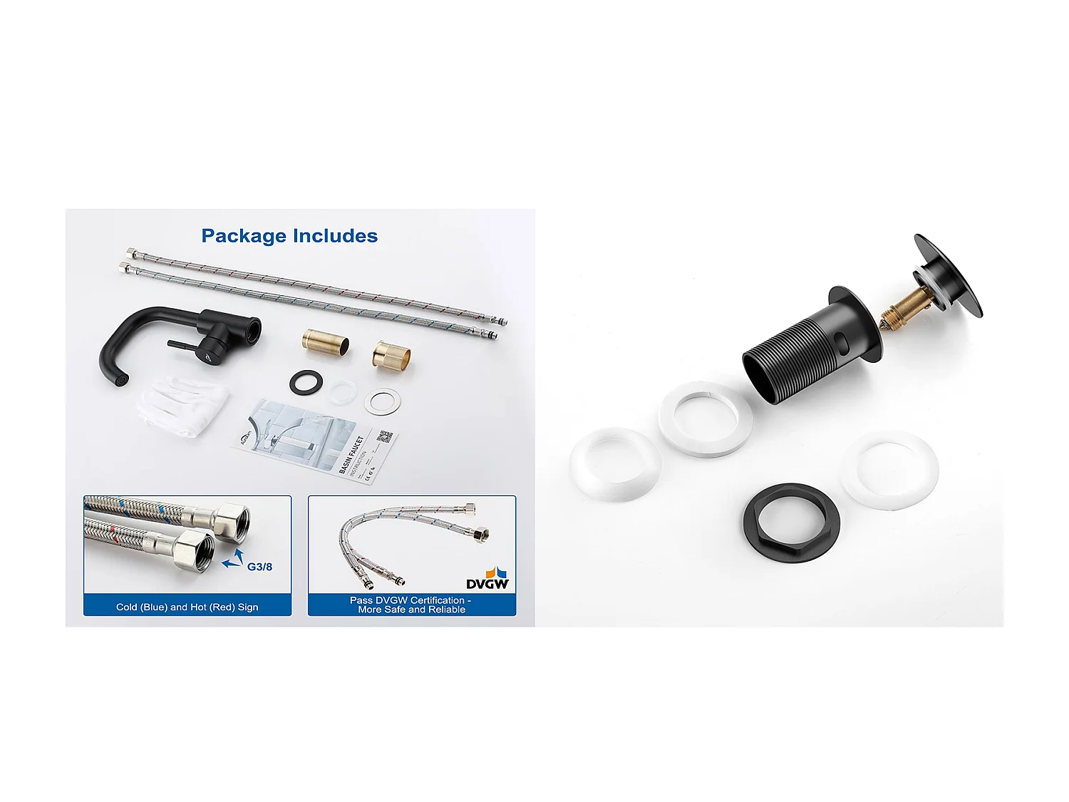 Zwarte wastafelkraan met demonteerbare romper, rotatie360°+Bonde Wastafelbonde Pop-up met Overloop Automatisch Universeel, Zwart