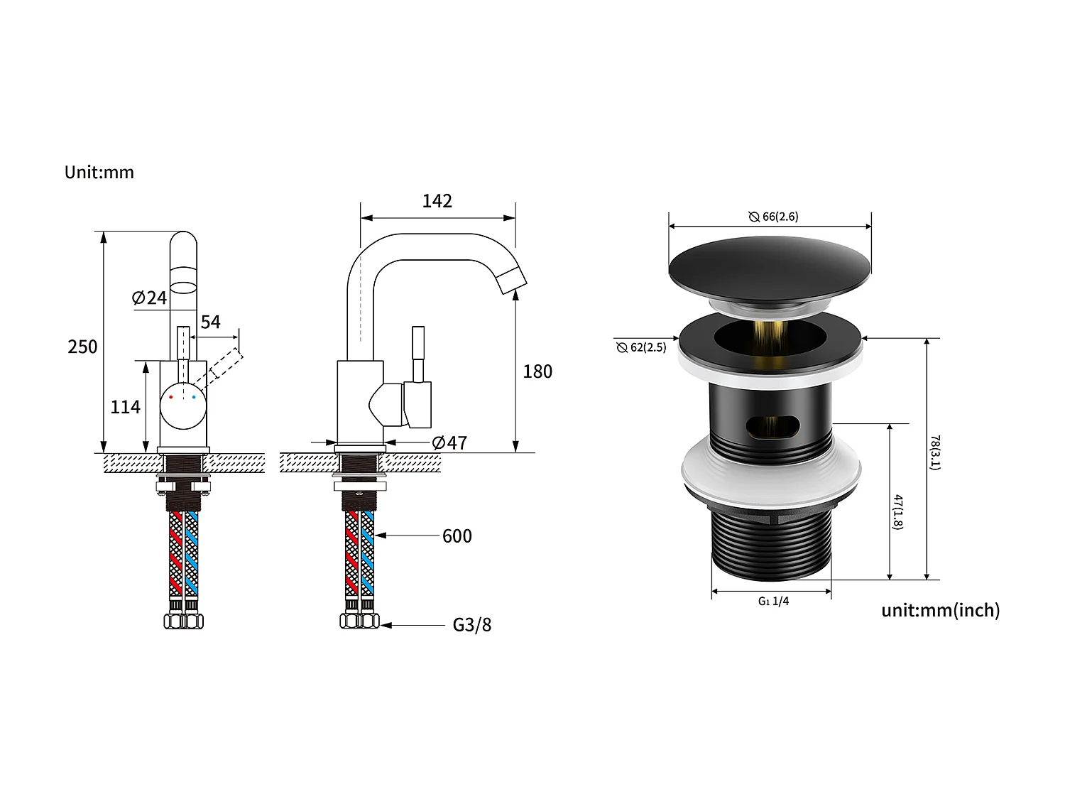 Robinet  Lavabo Noir avec Barboteur Démotable, Rotation à 360°+Bonde Lavabo Bonde Pop-up avec Trop-plein Automatique Universelle,Noir