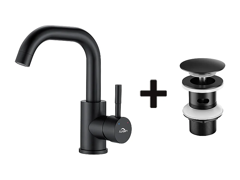 Robinet  Lavabo Noir avec Barboteur Démotable, Rotation à 360°+Bonde Lavabo Bonde Pop-up avec Trop-plein Automatique Universelle,Noir