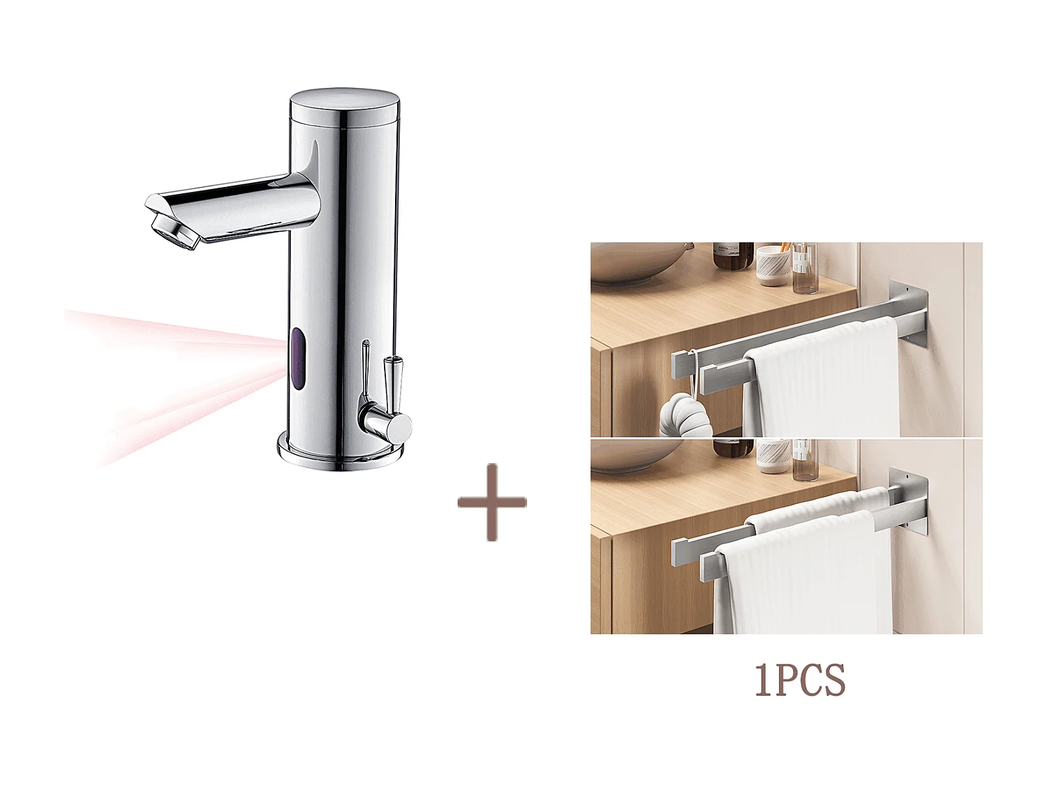 Auralum max Elektronische Infrarood Wastafelmengkraan Koud/Warm Water Messing Chroom+Handdoekhouder Badkamer Zelfklevend/Boren,Geborsteld