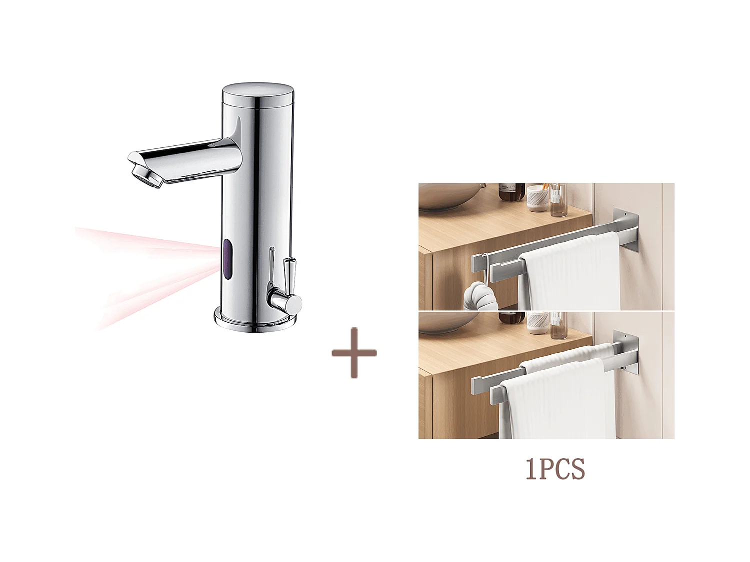Auralum max Elektronische Infrarood Wastafelmengkraan Koud/Warm Water Messing Chroom+Handdoekhouder Badkamer Zelfklevend/Boren,Geborsteld