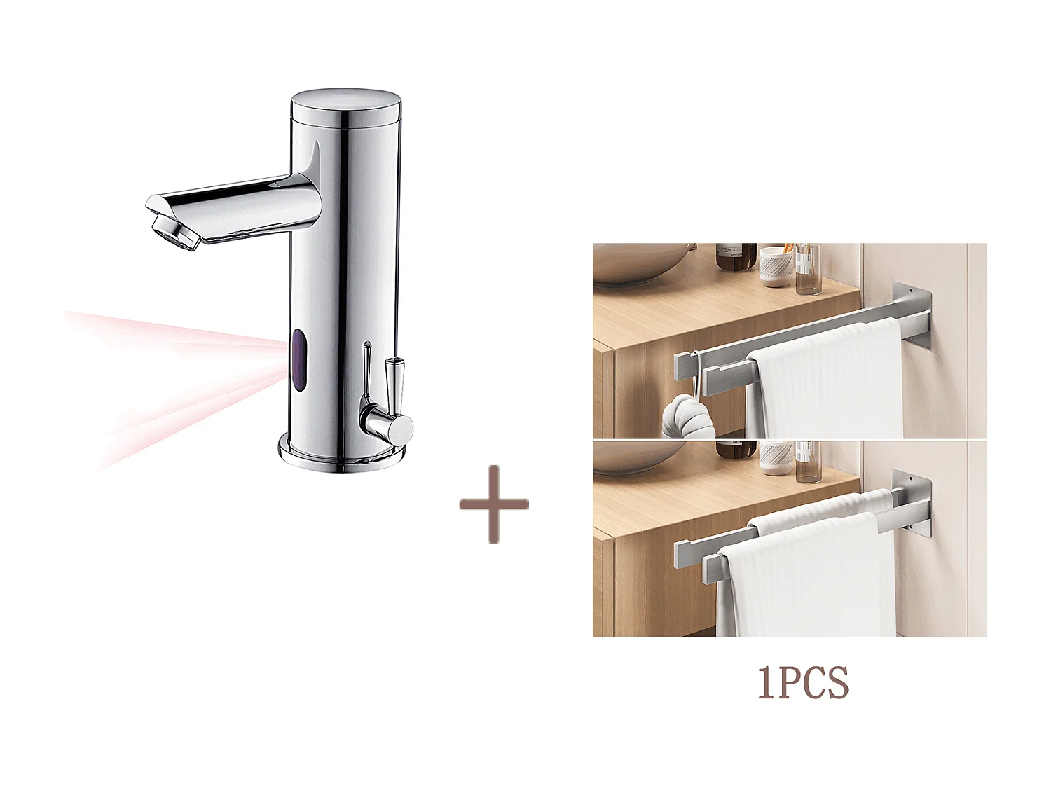 Auralum max Mitigeur Lavabo Infrarouge Electronique Eau Froide/Chaude en Laiton Chrome+Porte Serviette Salle Bain Adhésif/Perçage,Brossé