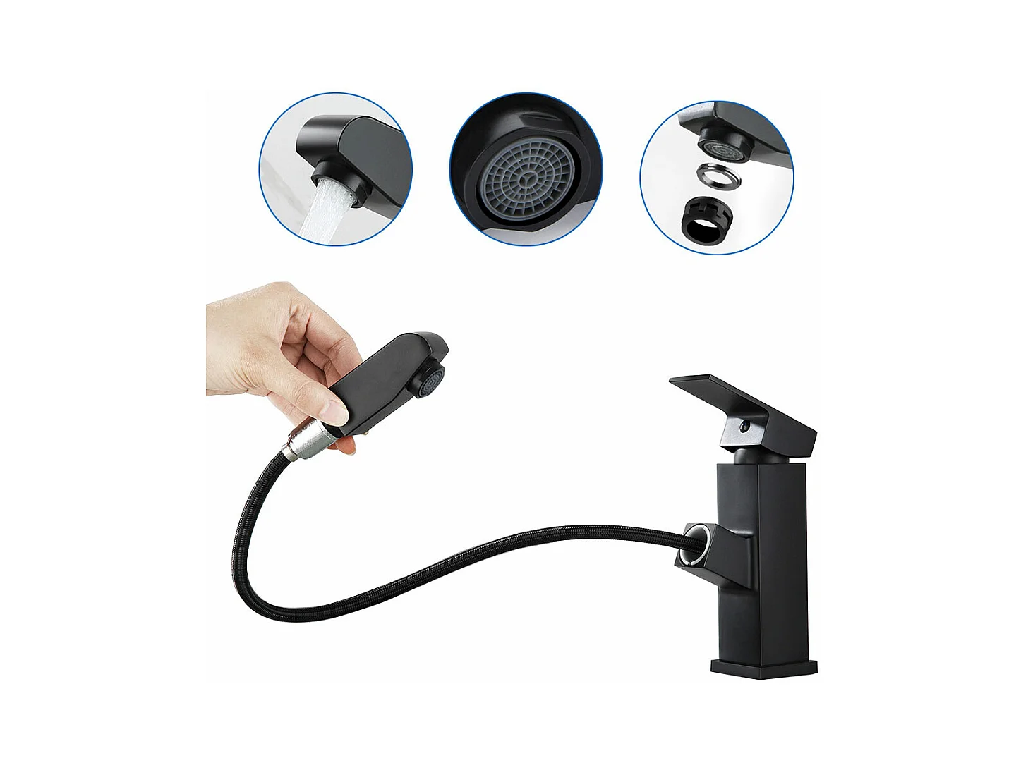 AuraLum Max Mezclador Lavabo Negro con Ducha Extraíble Moderna Monoagujero Grifo para Lavabo y Lavabo Baño Mezclador Agua y Frío,Modelo UE