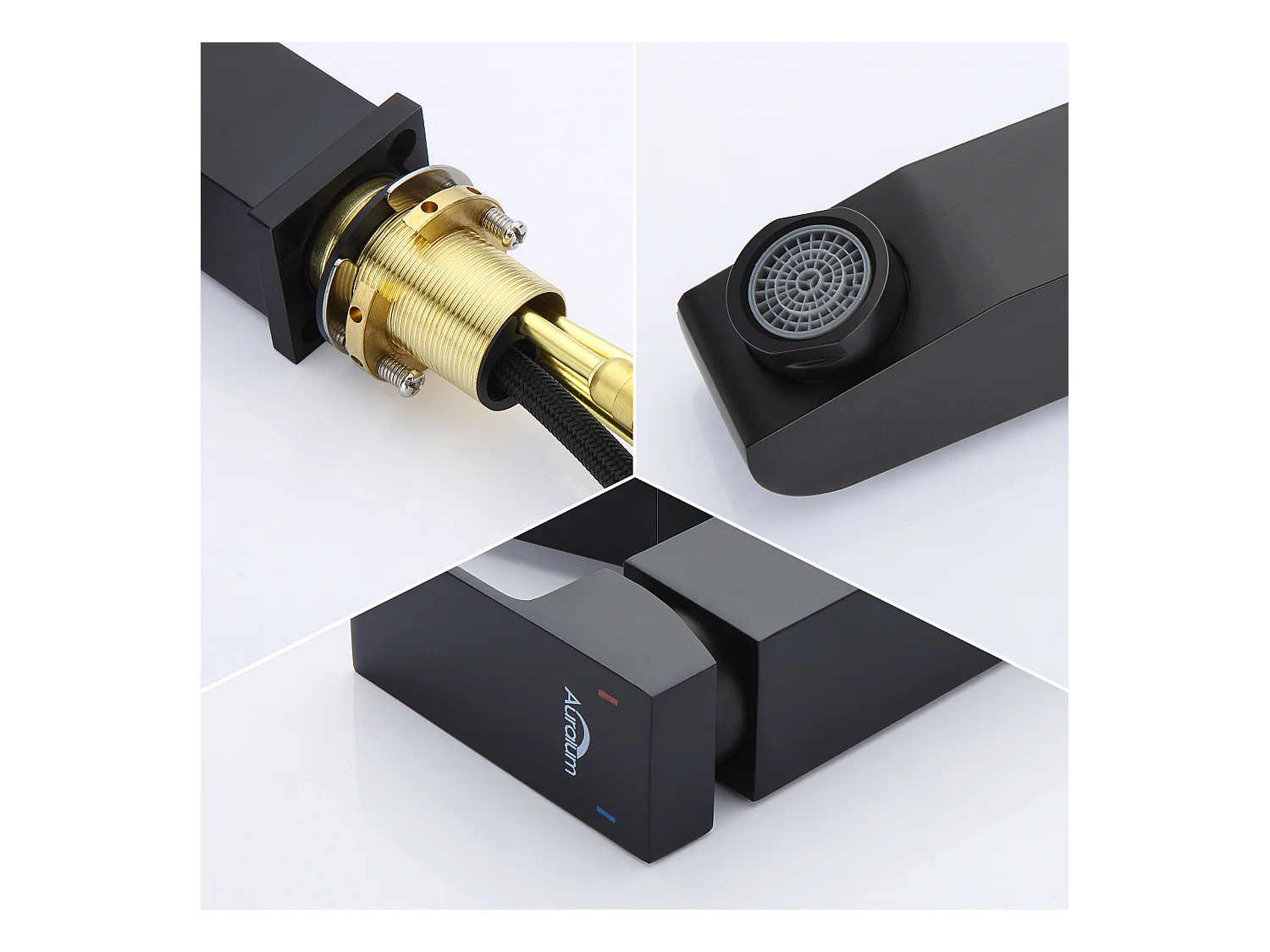 AuraLum Max Mezclador Lavabo Negro con Ducha Extraíble Moderna Monoagujero Grifo para Lavabo y Lavabo Baño Mezclador Agua y Frío,Modelo UE