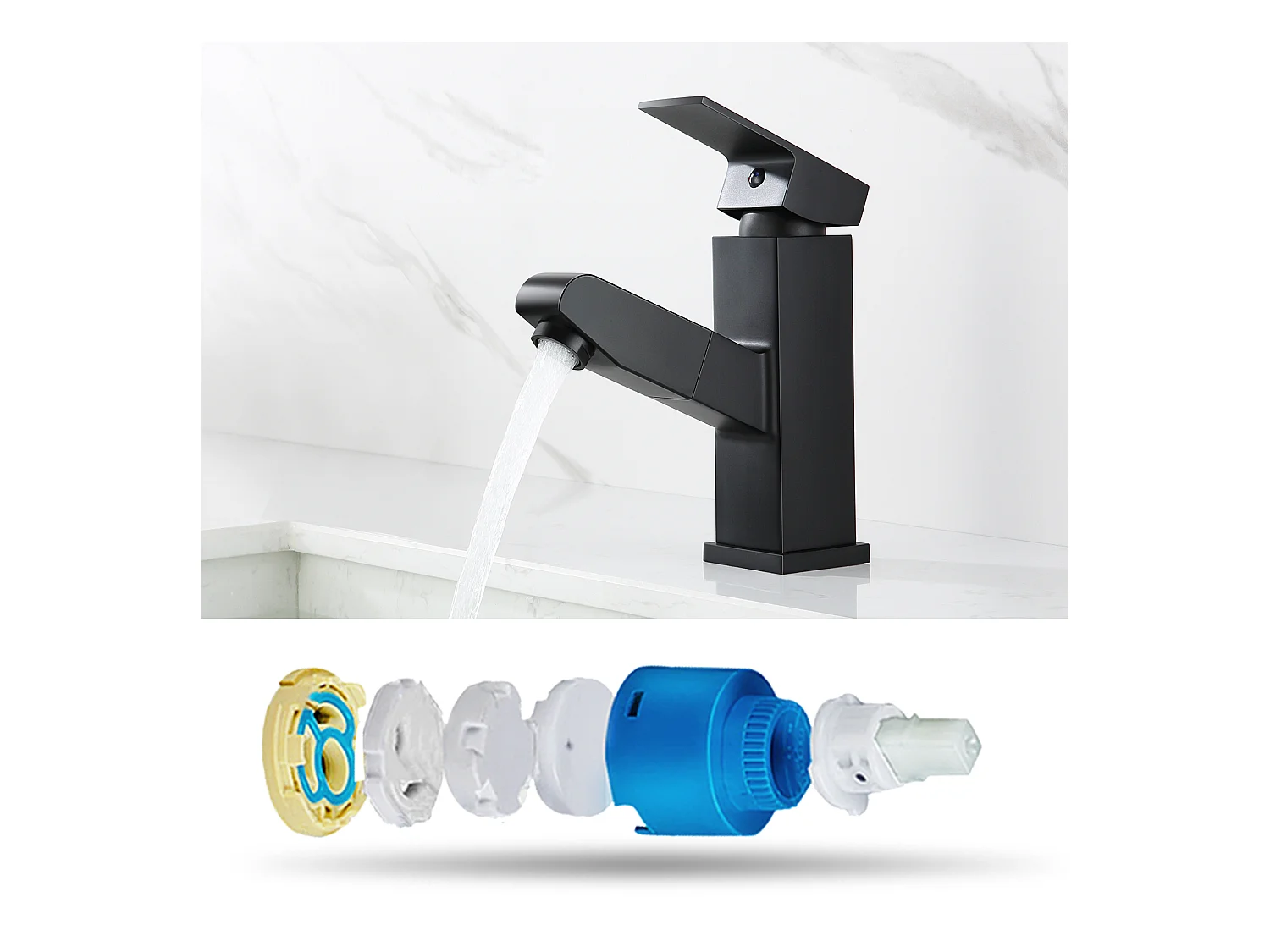 AuraLum Max Wastafelmengkraan Zwart met Uittrekbare Handdouche Enkele Gat Wastafel en Wastafel Kraan Badkamer Water/Koud Mengkraan, EU Model