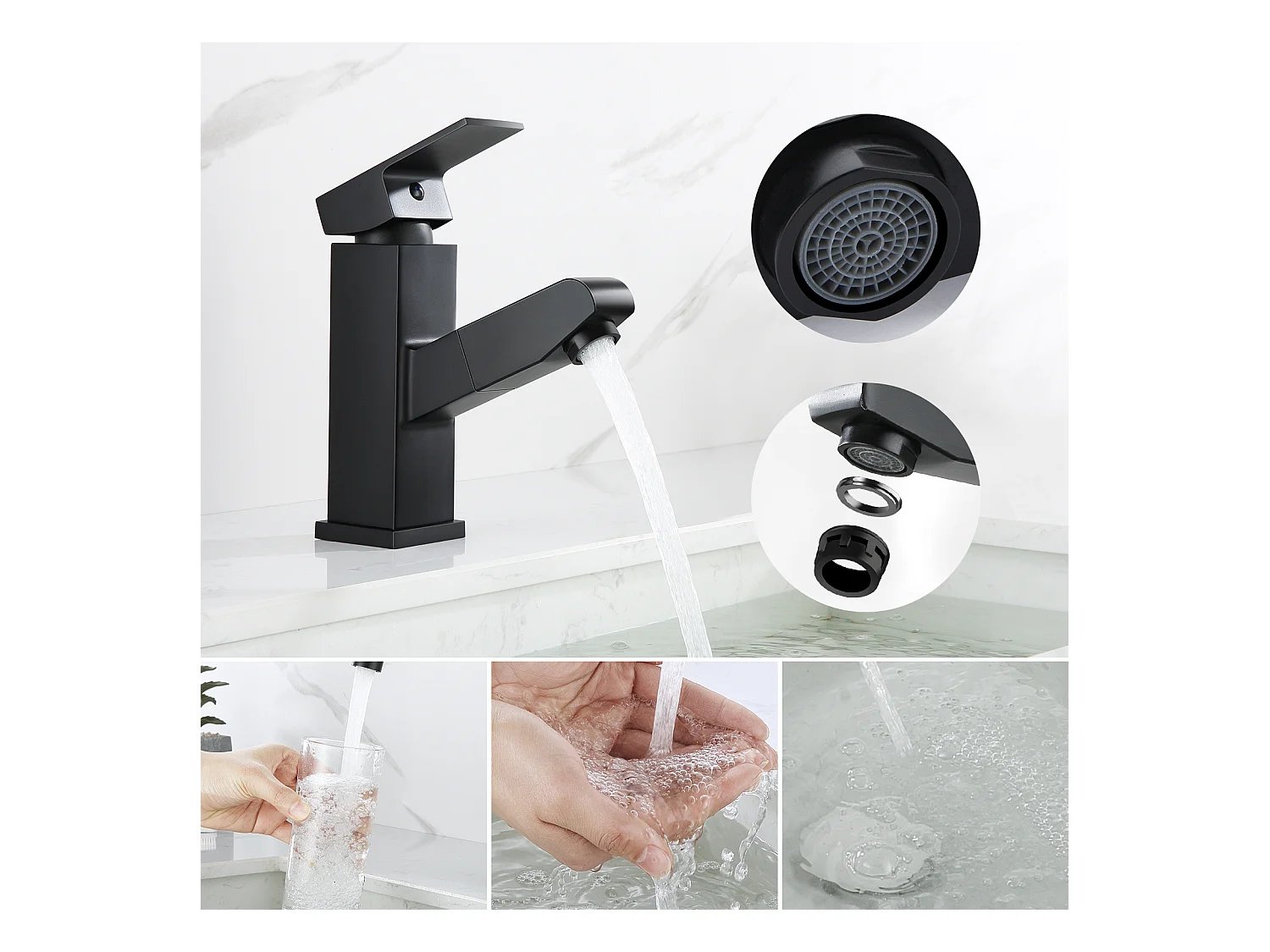 AuraLum Max Wastafelmengkraan Zwart met Uittrekbare Handdouche Enkele Gat Wastafel en Wastafel Kraan Badkamer Water/Koud Mengkraan, EU Model