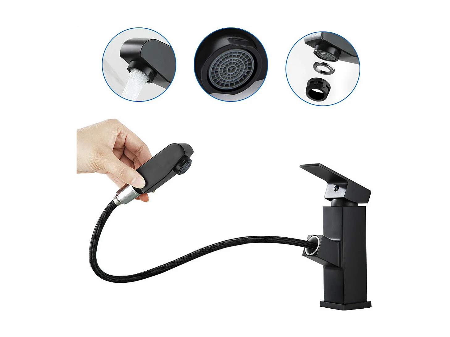 AuraLum Max Mitigeur Lavabo Noir avec Douchette Extractible Monotrou Robinet pour Lavabo et Vasque Salle de Bain Mitigeur Eau/Froide,EU Modèle