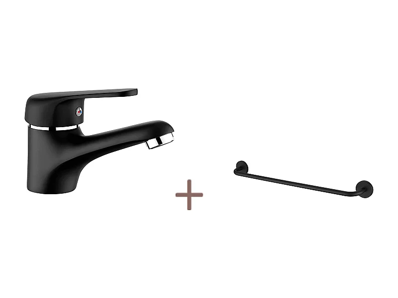 Auralum Max Noir Robinet Mitigeur Lavabo,en Laiton,Eau Chaude/Froide Réglable+Porte-Serviettes Salle Bain,Auto-adhésif/ Perçage,60CM,INOX 304