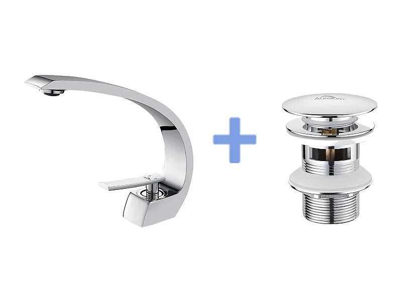 Arc Mitigeur Lavabo en Laiton Monotrou avec Mousseur Démontable+Bonde de Lavabo Bonde Pop-up avec Trop-plein Automatique Universelle