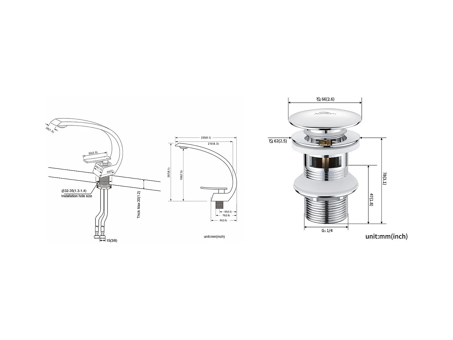 Arc Miscelatore LavaboIn Ottone Monoforo con Schiumatore Smontabile+Bonde de Lavabo Bonde Pop-up con Trop-plein Automatico Universale