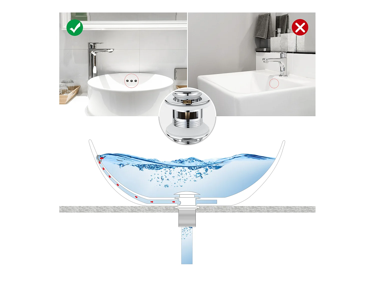 Arc Miscelatore LavaboIn Ottone Monoforo con Schiumatore Smontabile+Bonde de Lavabo Bonde Pop-up con Trop-plein Automatico Universale