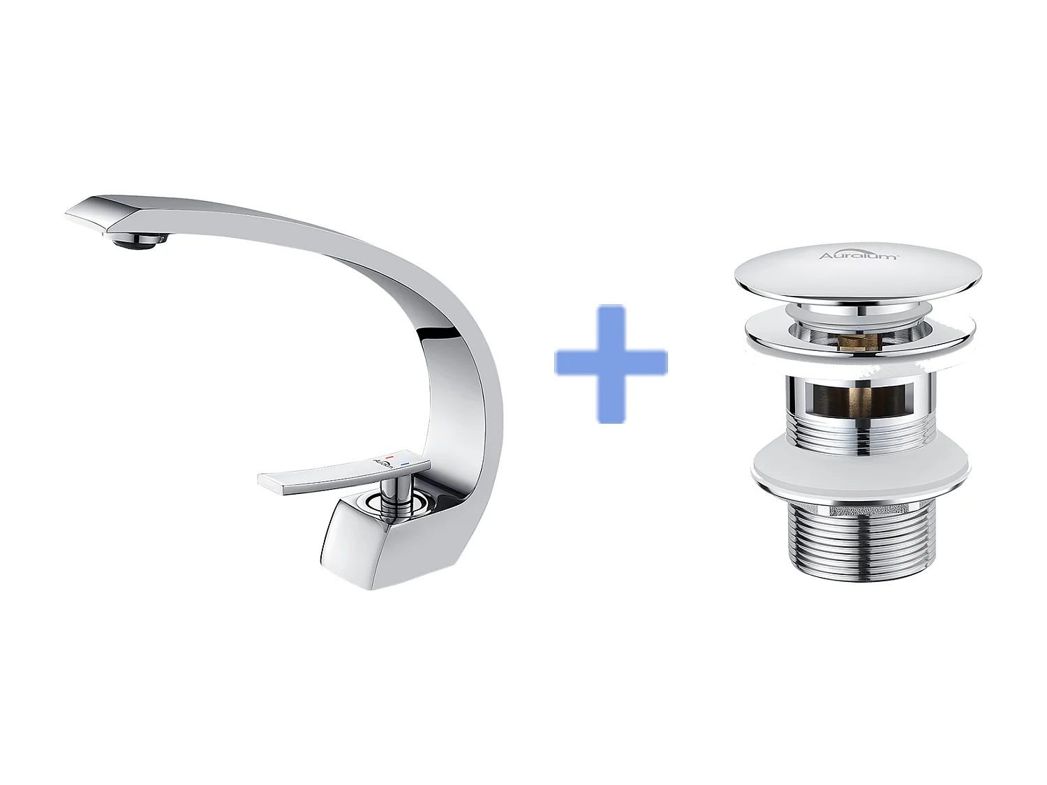 Arc Mitigeur Lavabo en Laiton Monotrou avec Mousseur Démontable+Bonde de Lavabo Bonde Pop-up avec Trop-plein Automatique Universelle