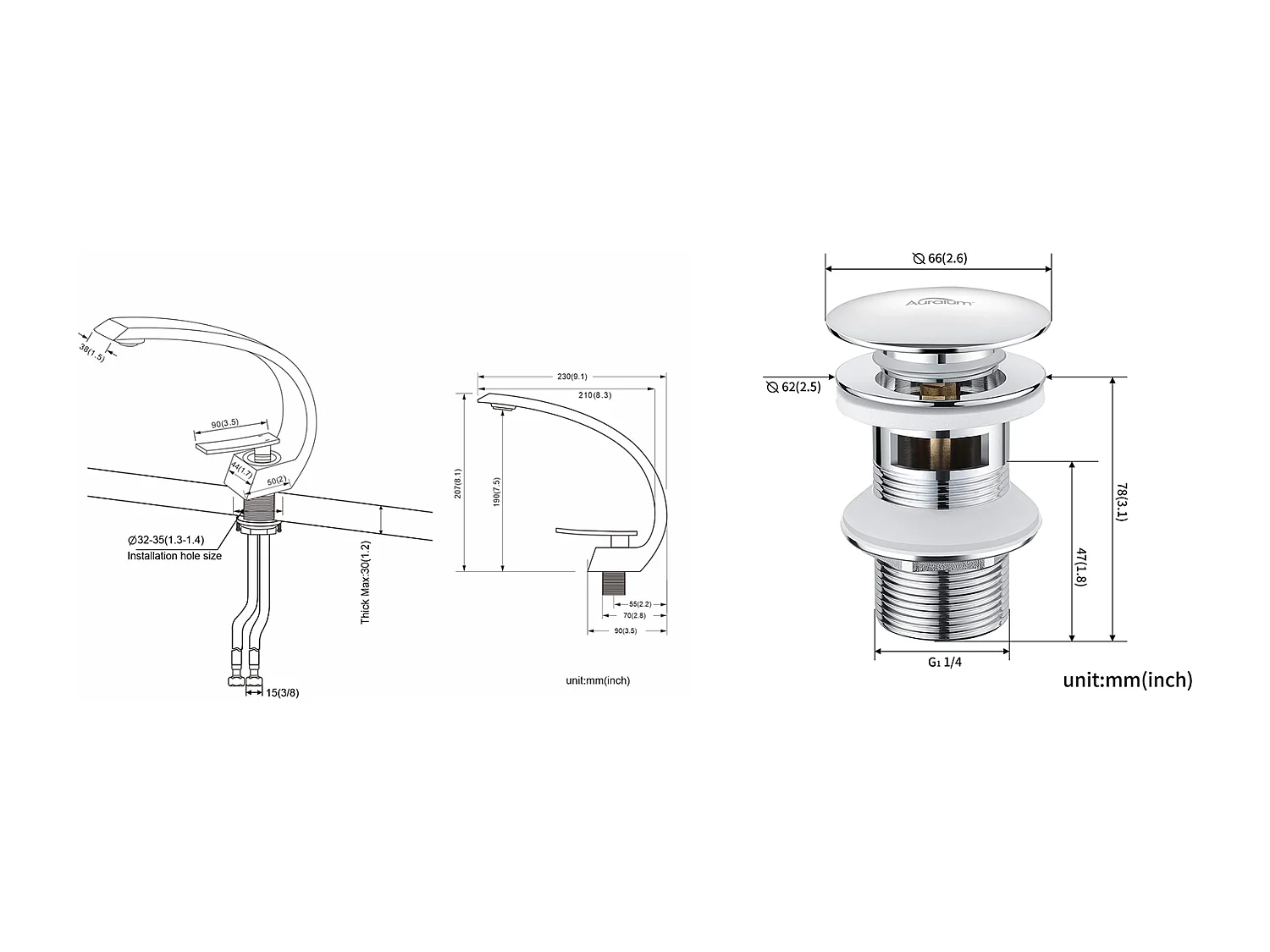 Arc Mitigeur Lavabo en Laiton Monotrou avec Mousseur Démontable+Bonde de Lavabo Bonde Pop-up avec Trop-plein Automatique Universelle